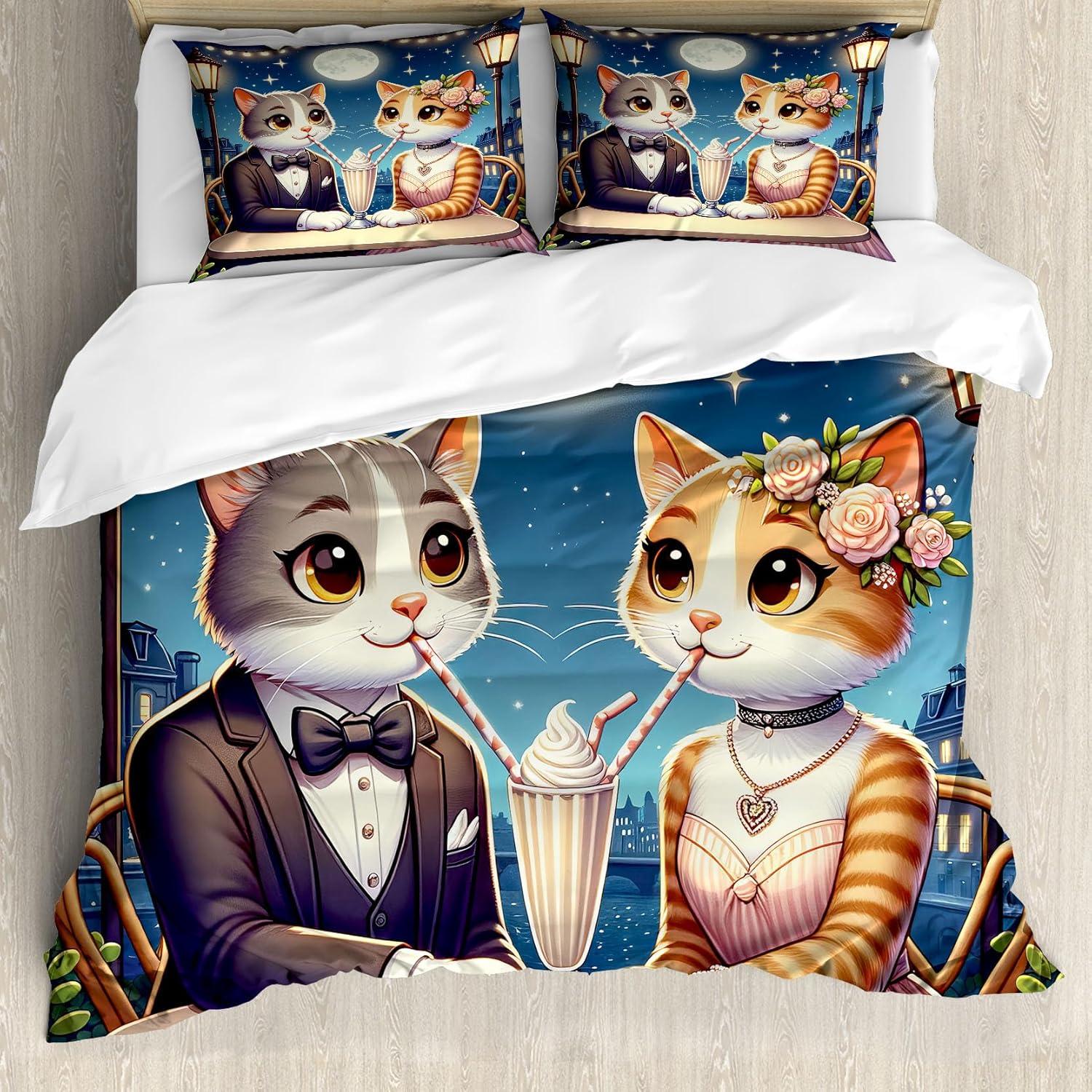 imageAmbesonne Cat Duvet Cover Set Romantic Date Night of Kitties Drinking Milkshake Cozy Night Scene Valentines Decorative 3 Piece Bedding Set with 2 Pillow Shams California King Dark Blue ApricotDark Blue Apricot