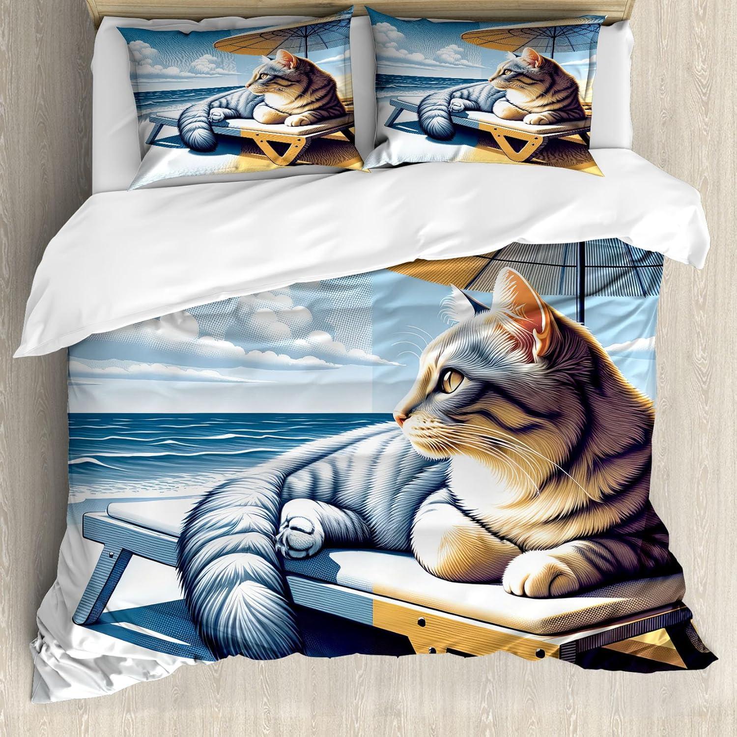 imageAmbesonne Cat Duvet Cover Set Romantic Date Night of Kitties Drinking Milkshake Cozy Night Scene Valentines Decorative 3 Piece Bedding Set with 2 Pillow Shams California King Dark Blue ApricotBlue Pale Mustard