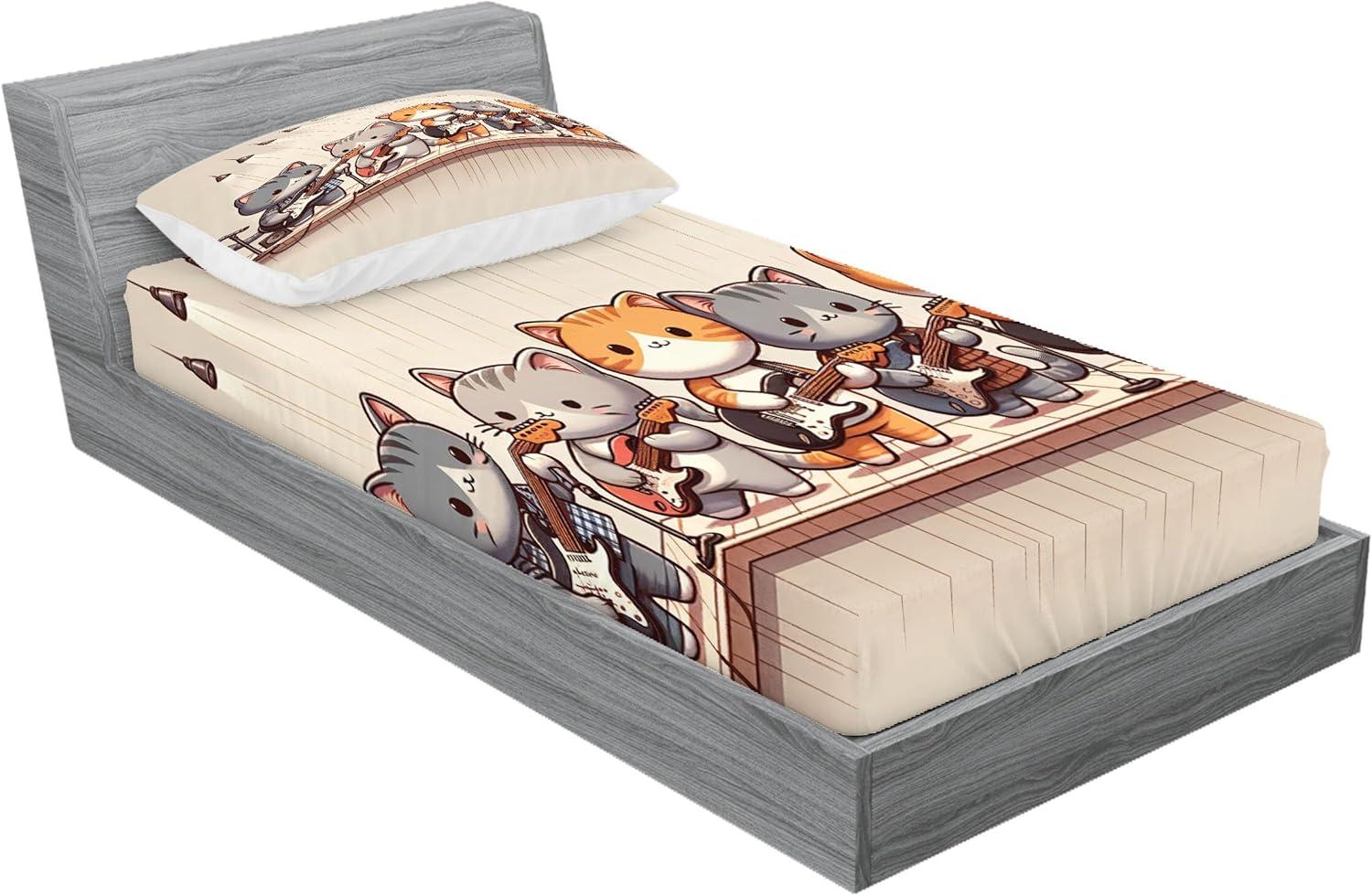 imageAmbesonne Cat Fitted Sheet amp Pillow Sham Set Romantic Date Night of Kitties Drinking Milkshake Cozy Night Scene Valentines Decorative Printed 3 Piece Bedding Decor Set Queen Dark Blue ApricotGrey Orange and Pale Tan