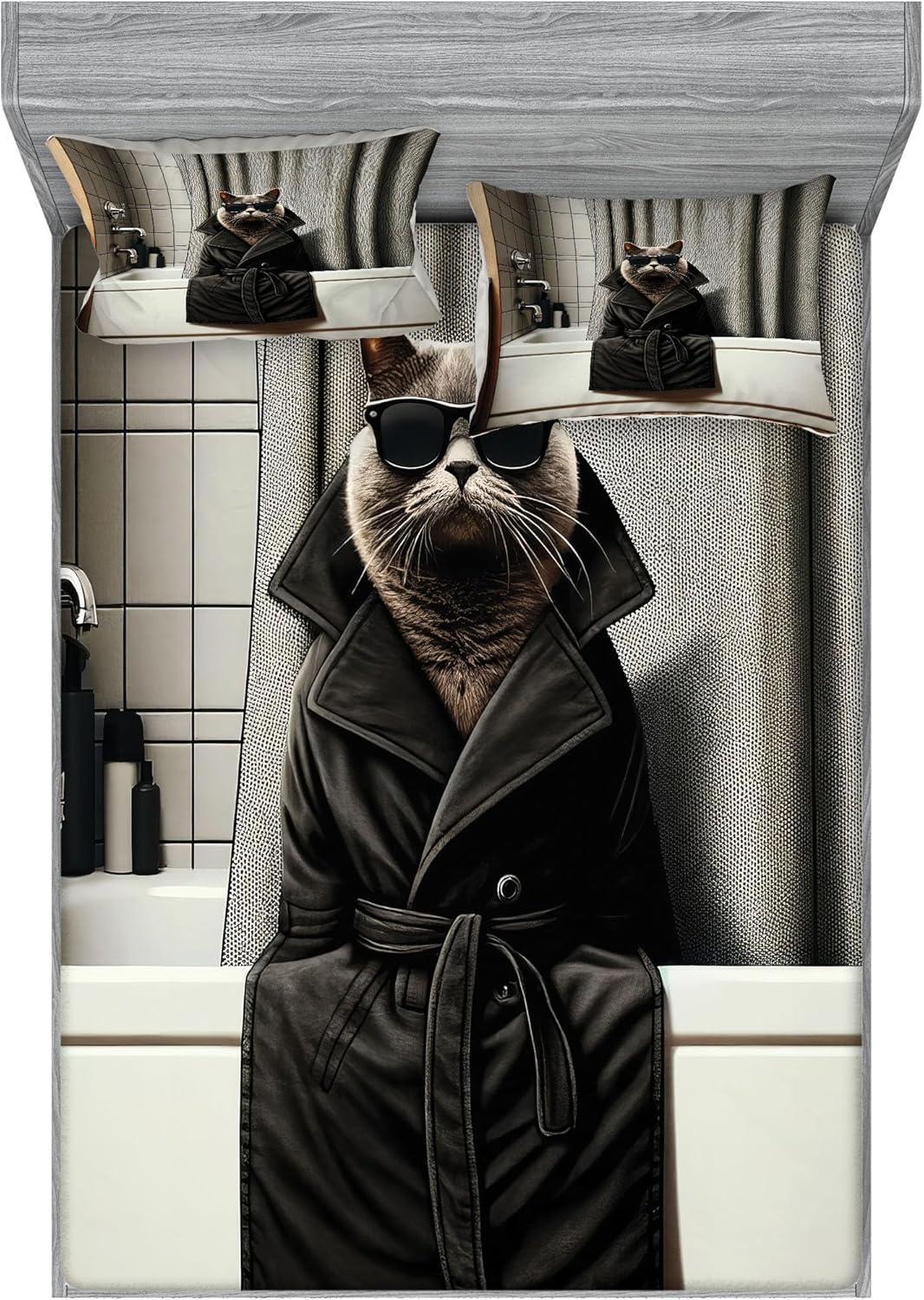 imageAmbesonne Cat Fitted Sheet amp Pillow Sham Set Romantic Date Night of Kitties Drinking Milkshake Cozy Night Scene Valentines Decorative Printed 3 Piece Bedding Decor Set Queen Dark Blue ApricotGrey and Charcoal Grey
