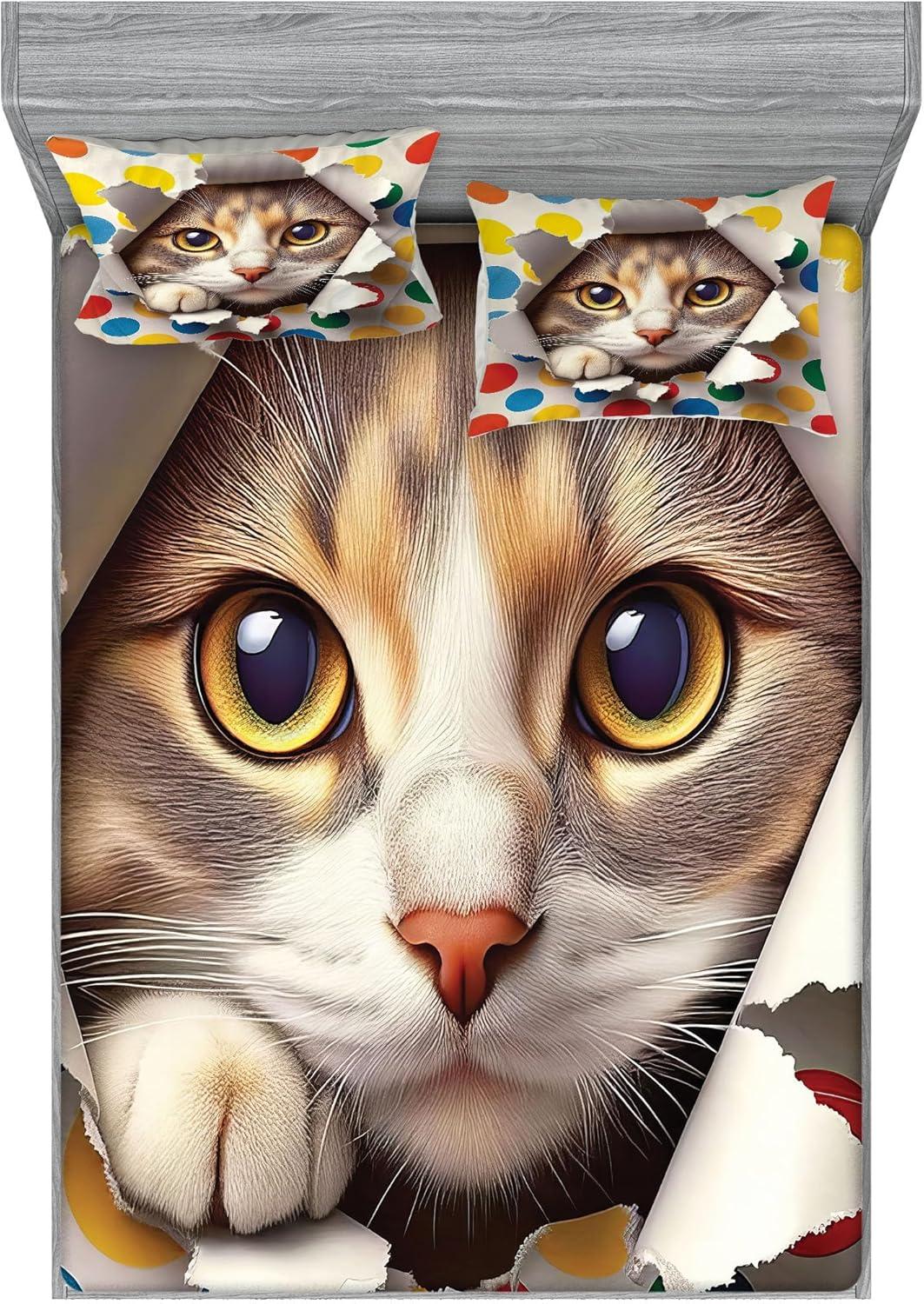 imageAmbesonne Cat Fitted Sheet amp Pillow Sham Set Romantic Date Night of Kitties Drinking Milkshake Cozy Night Scene Valentines Decorative Printed 3 Piece Bedding Decor Set Queen Dark Blue ApricotMulticolor