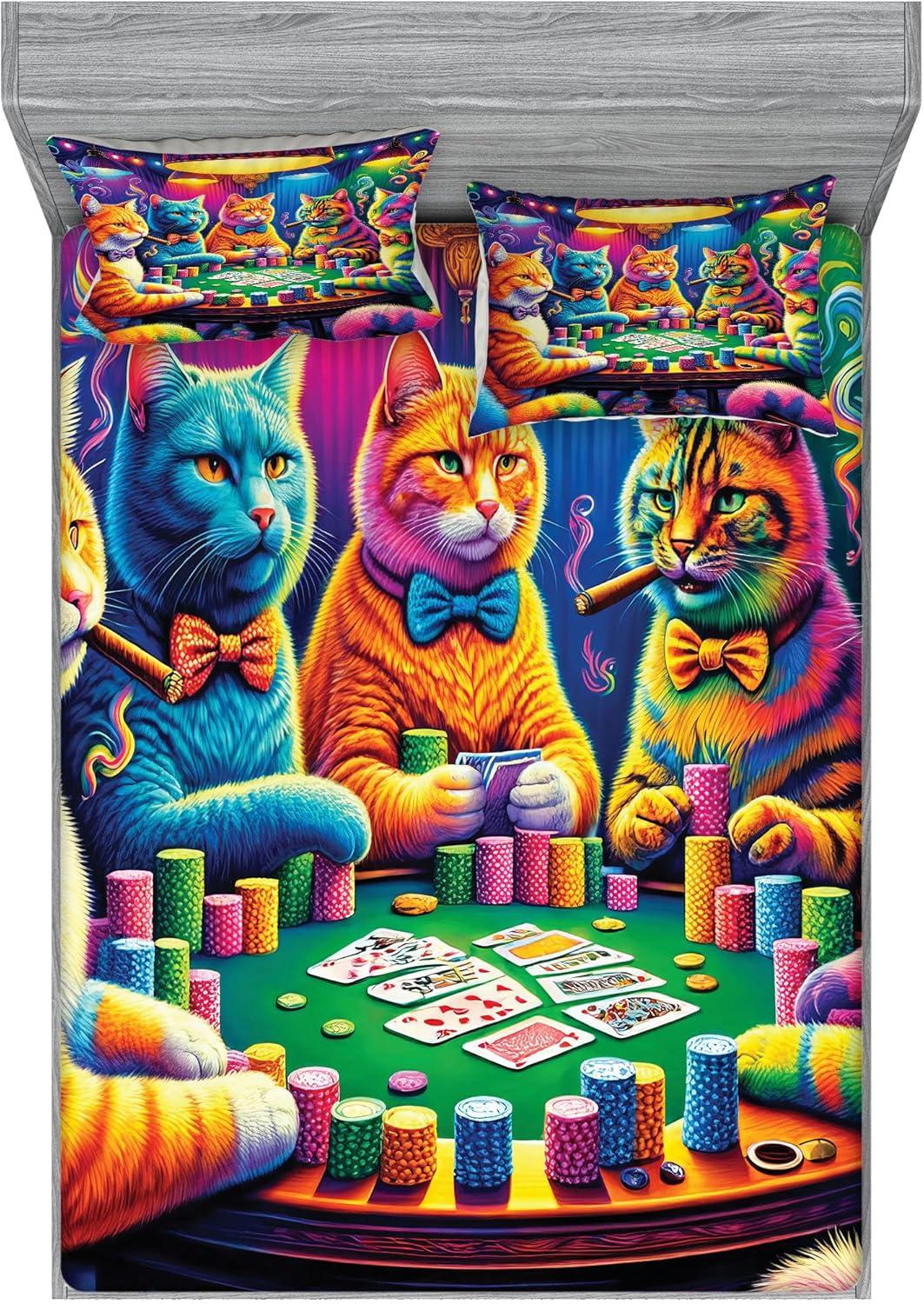 imageAmbesonne Cat Fitted Sheet amp Pillow Sham Set Romantic Date Night of Kitties Drinking Milkshake Cozy Night Scene Valentines Decorative Printed 3 Piece Bedding Decor Set Queen Dark Blue ApricotMagenta Orange and Purple