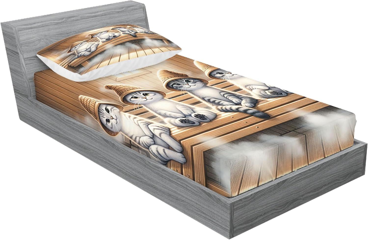 imageAmbesonne Cat Fitted Sheet amp Pillow Sham Set Romantic Date Night of Kitties Drinking Milkshake Cozy Night Scene Valentines Decorative Printed 3 Piece Bedding Decor Set Queen Dark Blue ApricotPastel Brown and Pale Grey