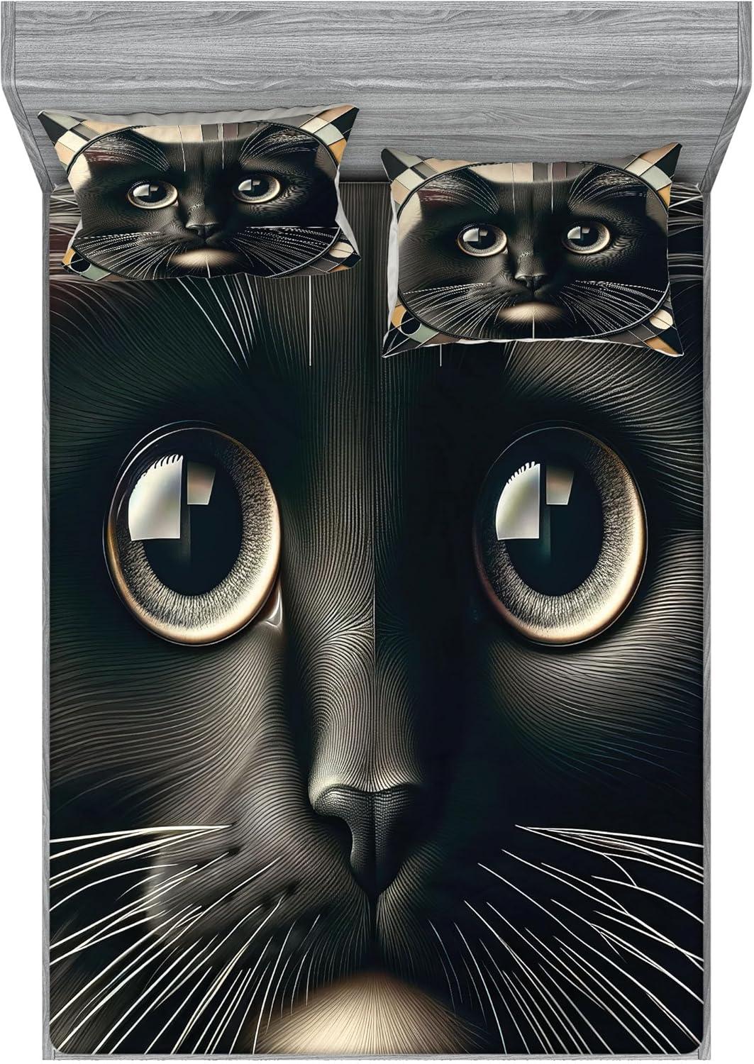 imageAmbesonne Cat Fitted Sheet amp Pillow Sham Set Romantic Date Night of Kitties Drinking Milkshake Cozy Night Scene Valentines Decorative Printed 3 Piece Bedding Decor Set Queen Dark Blue ApricotCharcoal Grey