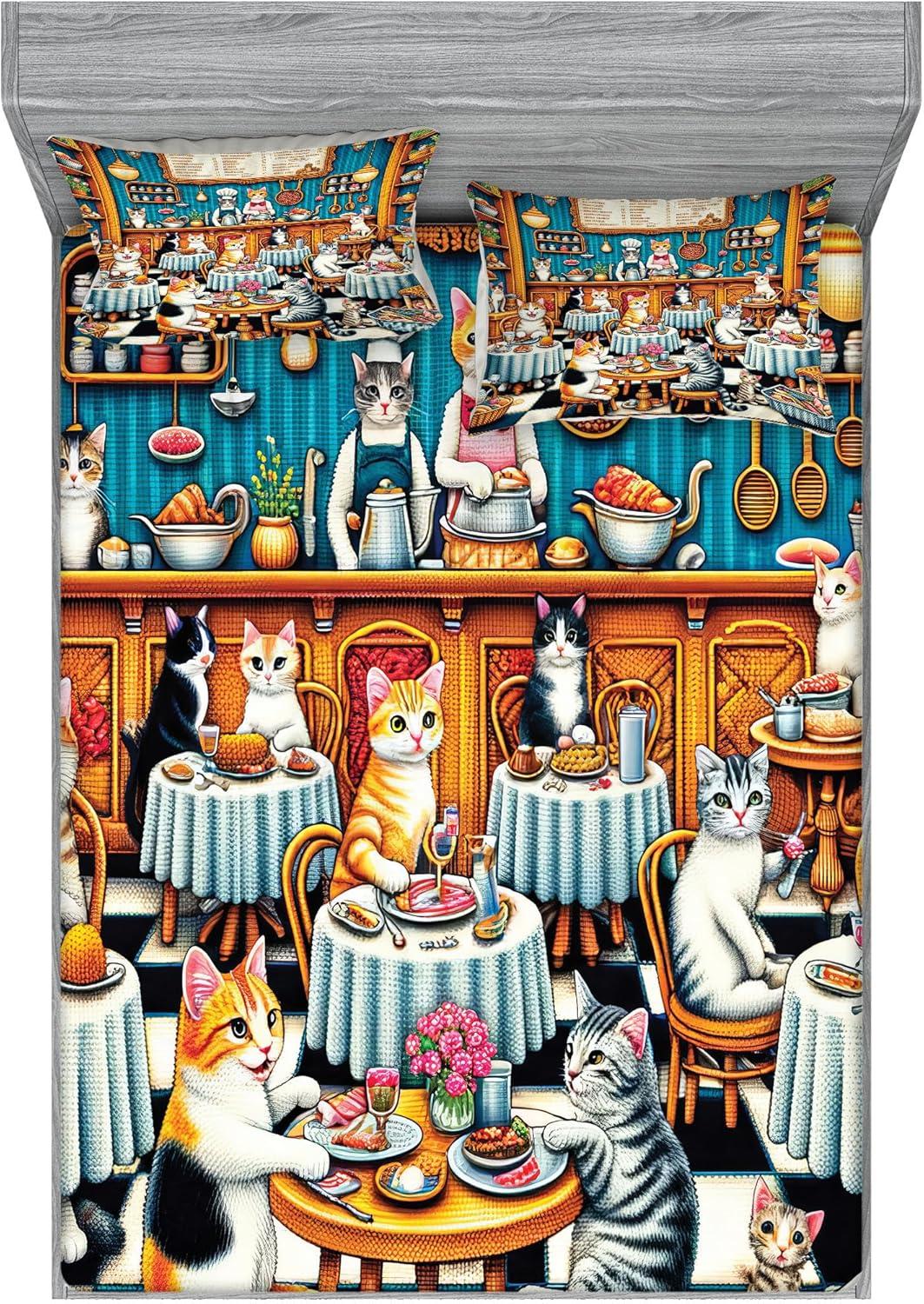 imageAmbesonne Cat Fitted Sheet amp Pillow Sham Set Romantic Date Night of Kitties Drinking Milkshake Cozy Night Scene Valentines Decorative Printed 3 Piece Bedding Decor Set Queen Dark Blue ApricotSea Blue and Marigold