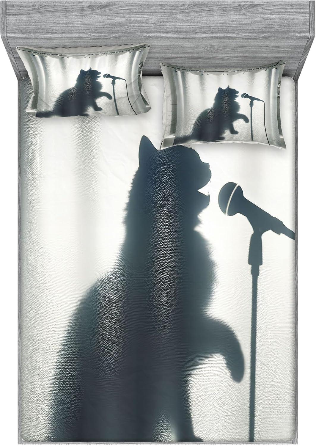 imageAmbesonne Cat Fitted Sheet amp Pillow Sham Set Romantic Date Night of Kitties Drinking Milkshake Cozy Night Scene Valentines Decorative Printed 3 Piece Bedding Decor Set Queen Dark Blue ApricotDark Blue Grey Off White