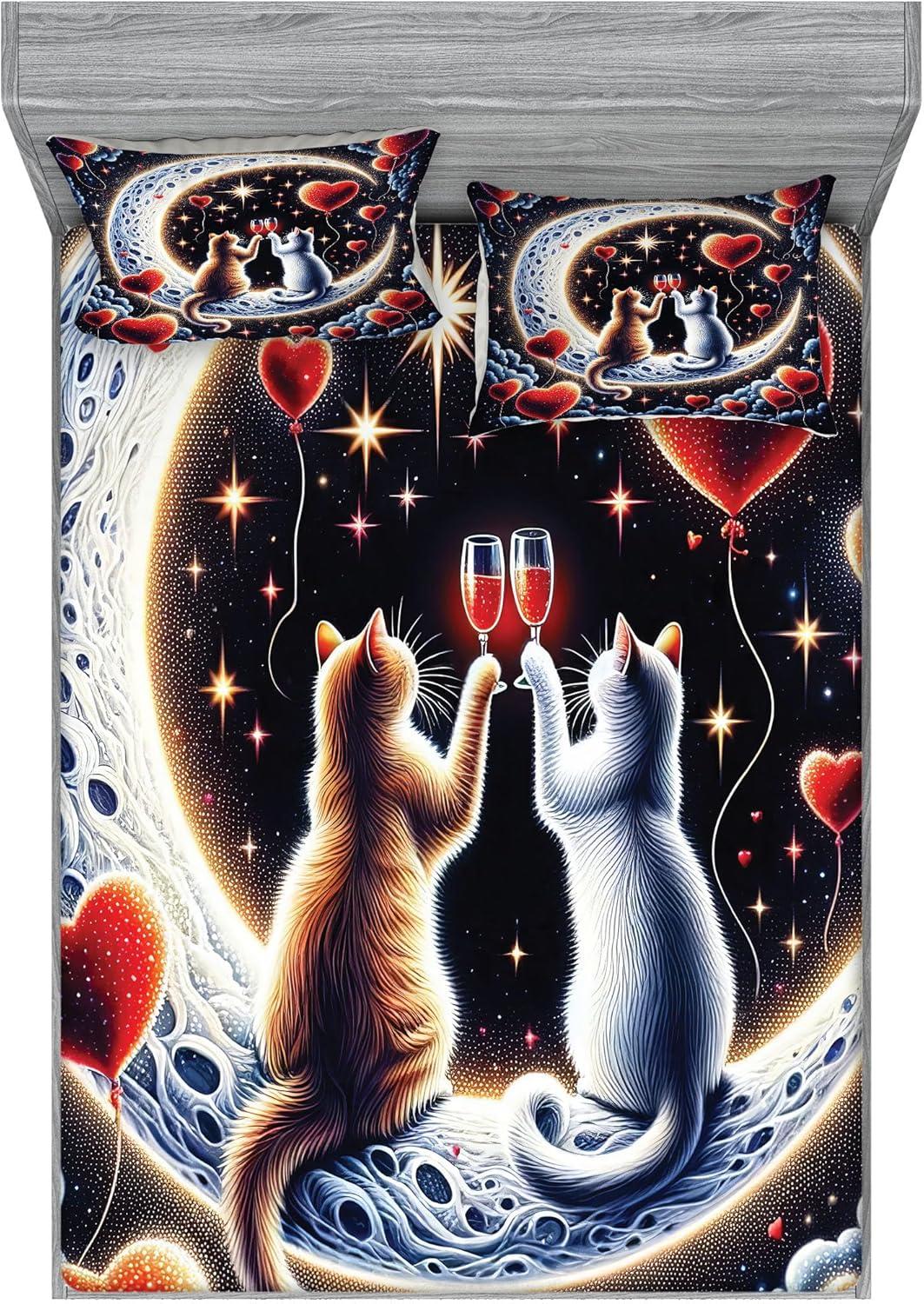 imageAmbesonne Cat Fitted Sheet amp Pillow Sham Set Romantic Date Night of Kitties Drinking Milkshake Cozy Night Scene Valentines Decorative Printed 3 Piece Bedding Decor Set Queen Dark Blue ApricotIndigo and Scarlet