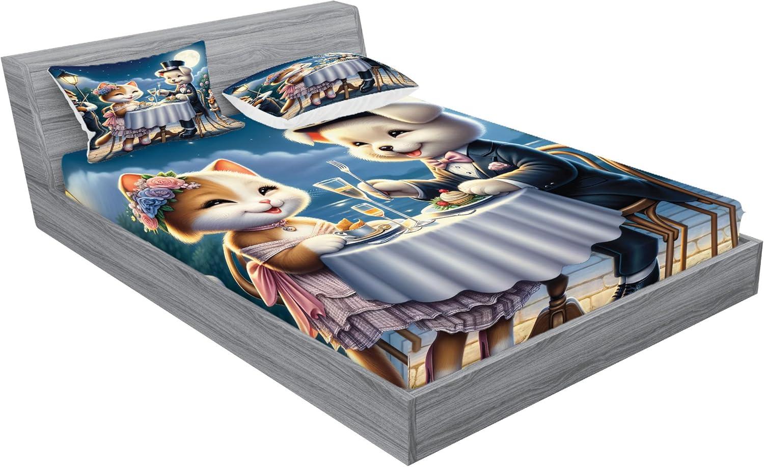 imageAmbesonne Cat Fitted Sheet amp Pillow Sham Set Romantic Date Night of Kitties Drinking Milkshake Cozy Night Scene Valentines Decorative Printed 3 Piece Bedding Decor Set Queen Dark Blue ApricotNight Blue Rose Apricot