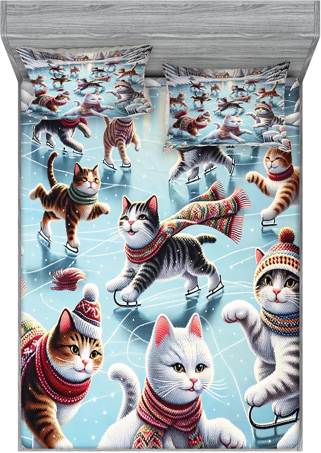 imageAmbesonne Cat Fitted Sheet amp Pillow Sham Set Romantic Date Night of Kitties Drinking Milkshake Cozy Night Scene Valentines Decorative Printed 3 Piece Bedding Decor Set Queen Dark Blue ApricotSoft Blue Burnt Orange