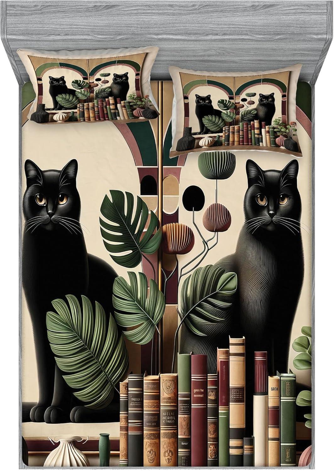 imageAmbesonne Cat Fitted Sheet amp Pillow Sham Set Romantic Date Night of Kitties Drinking Milkshake Cozy Night Scene Valentines Decorative Printed 3 Piece Bedding Decor Set Queen Dark Blue ApricotSand Brown Maroon Green