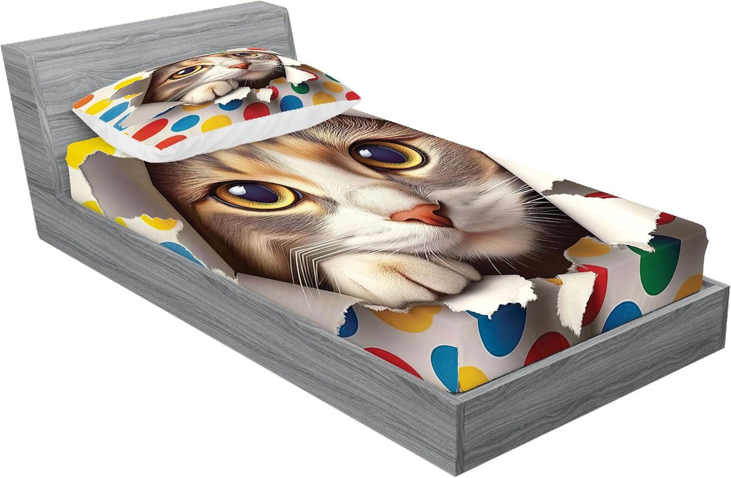 imageAmbesonne Cat Fitted Sheet amp Pillow Sham Set Romantic Date Night of Kitties Drinking Milkshake Cozy Night Scene Valentines Decorative Printed 3 Piece Bedding Decor Set Queen Dark Blue ApricotMulticolor