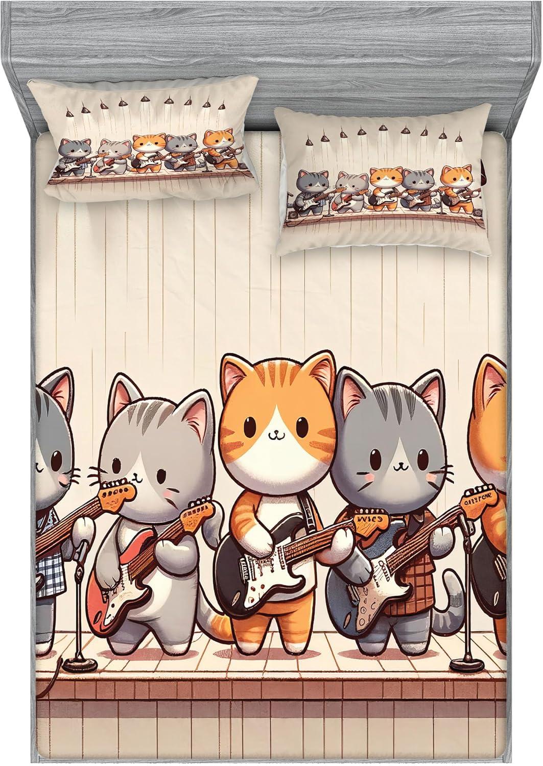 imageAmbesonne Cat Fitted Sheet amp Pillow Sham Set Romantic Date Night of Kitties Drinking Milkshake Cozy Night Scene Valentines Decorative Printed 3 Piece Bedding Decor Set Queen Dark Blue ApricotGrey Orange and Pale Tan