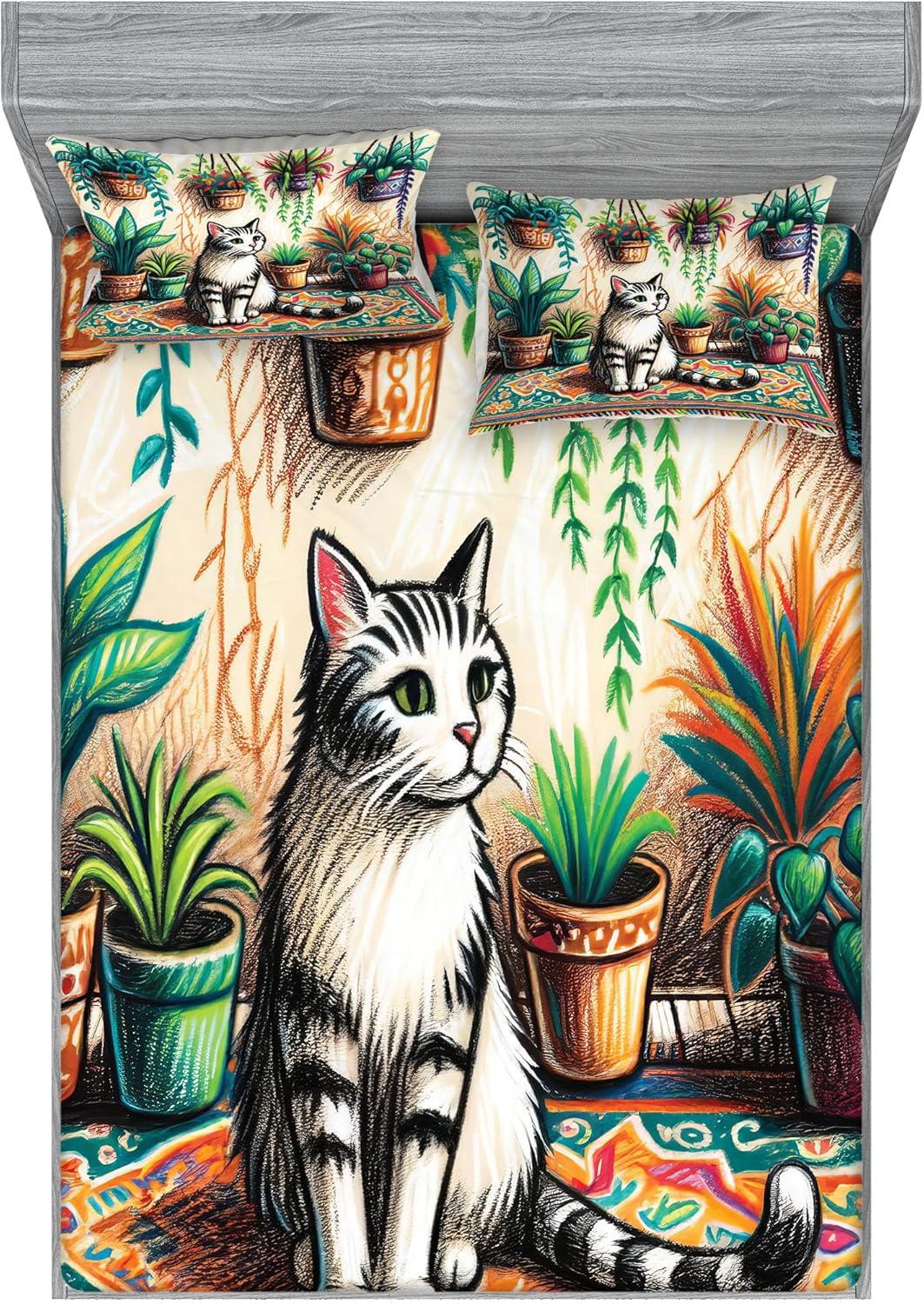 imageAmbesonne Cat Fitted Sheet amp Pillow Sham Set Romantic Date Night of Kitties Drinking Milkshake Cozy Night Scene Valentines Decorative Printed 3 Piece Bedding Decor Set Queen Dark Blue ApricotJade Green Grey Orange