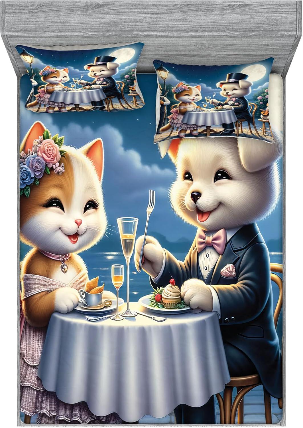 imageAmbesonne Cat Fitted Sheet amp Pillow Sham Set Romantic Date Night of Kitties Drinking Milkshake Cozy Night Scene Valentines Decorative Printed 3 Piece Bedding Decor Set Queen Dark Blue ApricotNight Blue Rose Apricot