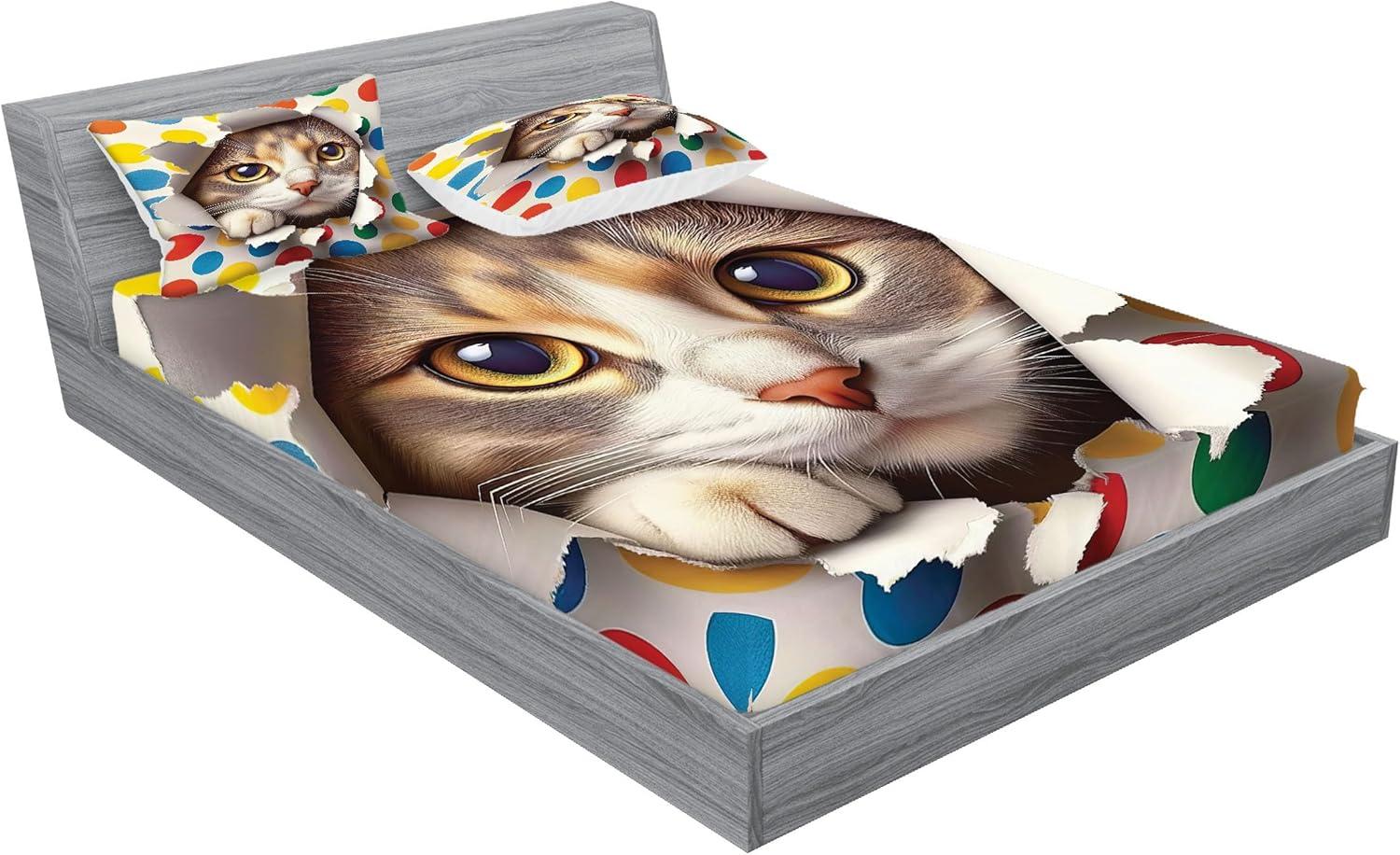 imageAmbesonne Cat Fitted Sheet amp Pillow Sham Set Romantic Date Night of Kitties Drinking Milkshake Cozy Night Scene Valentines Decorative Printed 3 Piece Bedding Decor Set Queen Dark Blue ApricotMulticolor