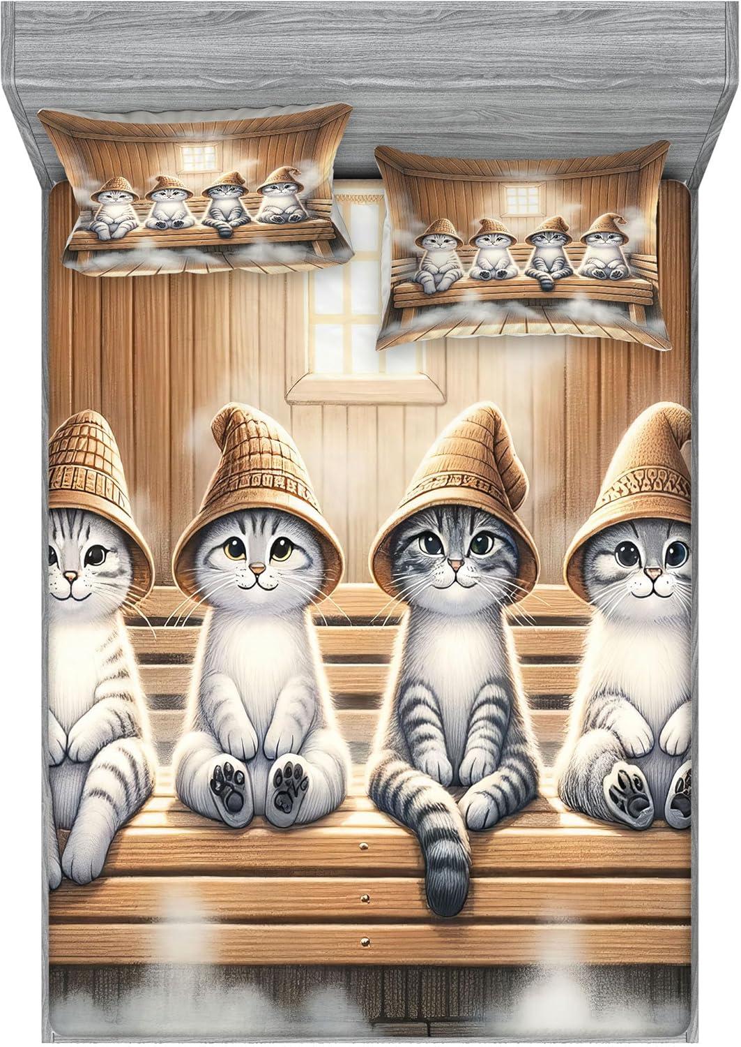 imageAmbesonne Cat Fitted Sheet amp Pillow Sham Set Romantic Date Night of Kitties Drinking Milkshake Cozy Night Scene Valentines Decorative Printed 3 Piece Bedding Decor Set Queen Dark Blue ApricotPastel Brown and Pale Grey