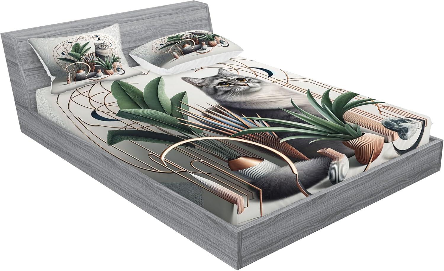 imageAmbesonne Cat Fitted Sheet amp Pillow Sham Set Romantic Date Night of Kitties Drinking Milkshake Cozy Night Scene Valentines Decorative Printed 3 Piece Bedding Decor Set Queen Dark Blue ApricotGrey Green Pale Rust
