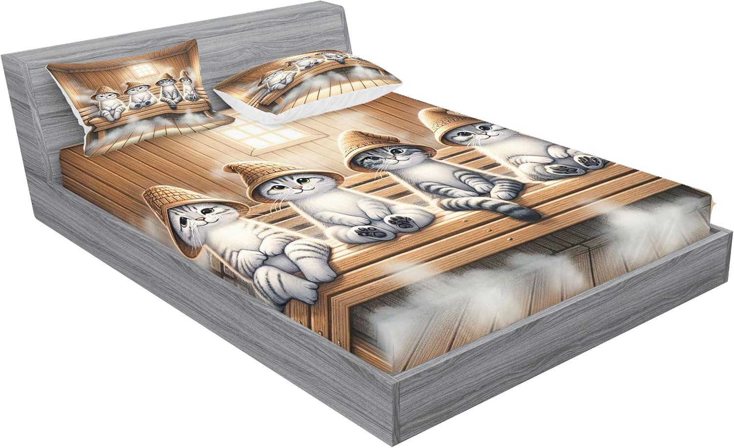 imageAmbesonne Cat Fitted Sheet amp Pillow Sham Set Romantic Date Night of Kitties Drinking Milkshake Cozy Night Scene Valentines Decorative Printed 3 Piece Bedding Decor Set Queen Dark Blue ApricotPastel Brown and Pale Grey