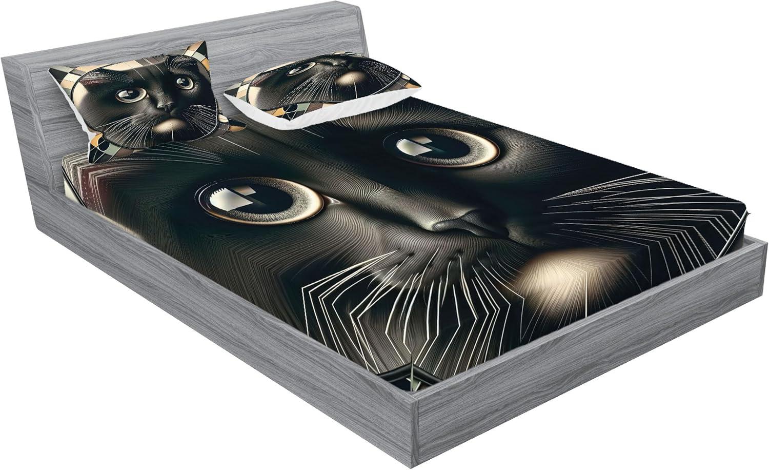 imageAmbesonne Cat Fitted Sheet amp Pillow Sham Set Romantic Date Night of Kitties Drinking Milkshake Cozy Night Scene Valentines Decorative Printed 3 Piece Bedding Decor Set Queen Dark Blue ApricotCharcoal Grey