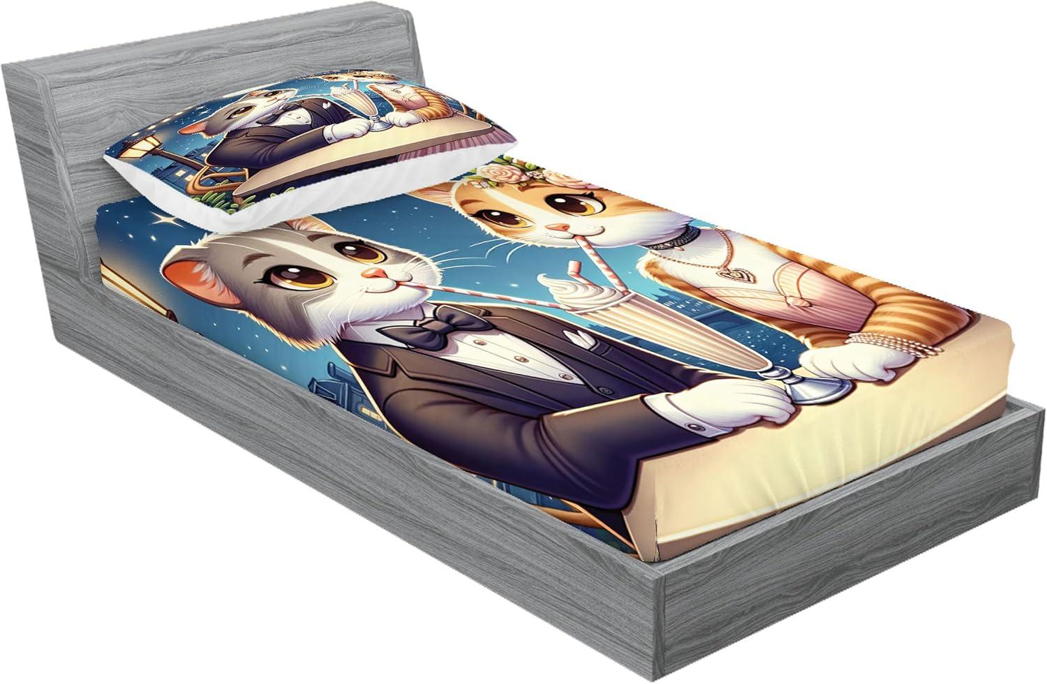 imageAmbesonne Cat Fitted Sheet amp Pillow Sham Set Romantic Date Night of Kitties Drinking Milkshake Cozy Night Scene Valentines Decorative Printed 3 Piece Bedding Decor Set Queen Dark Blue ApricotDark Blue Apricot