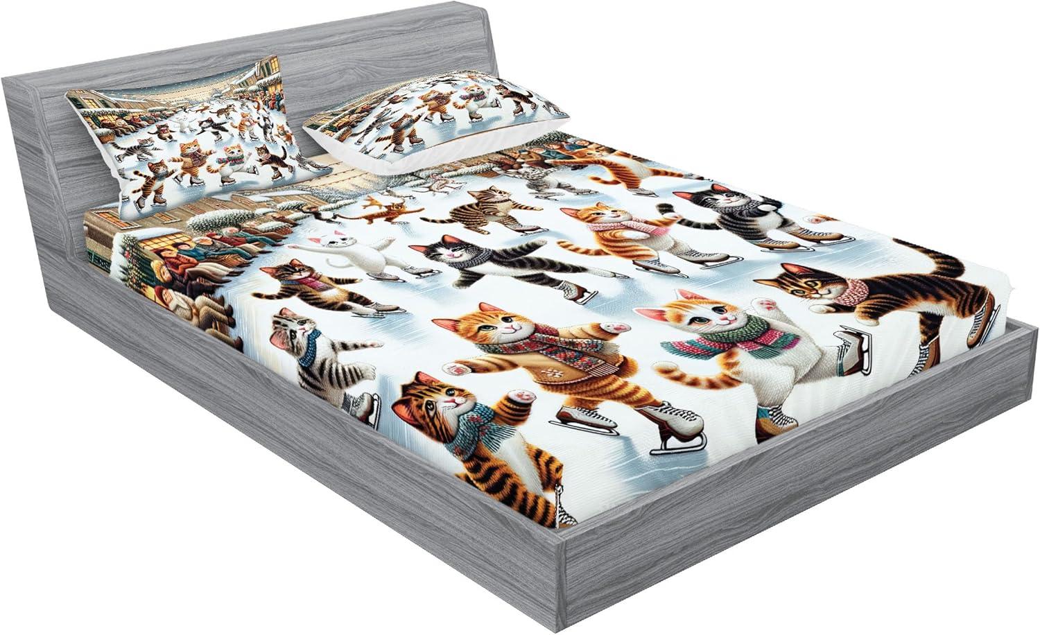 imageAmbesonne Cat Fitted Sheet amp Pillow Sham Set Romantic Date Night of Kitties Drinking Milkshake Cozy Night Scene Valentines Decorative Printed 3 Piece Bedding Decor Set Queen Dark Blue ApricotOrange Brown Pale Blue