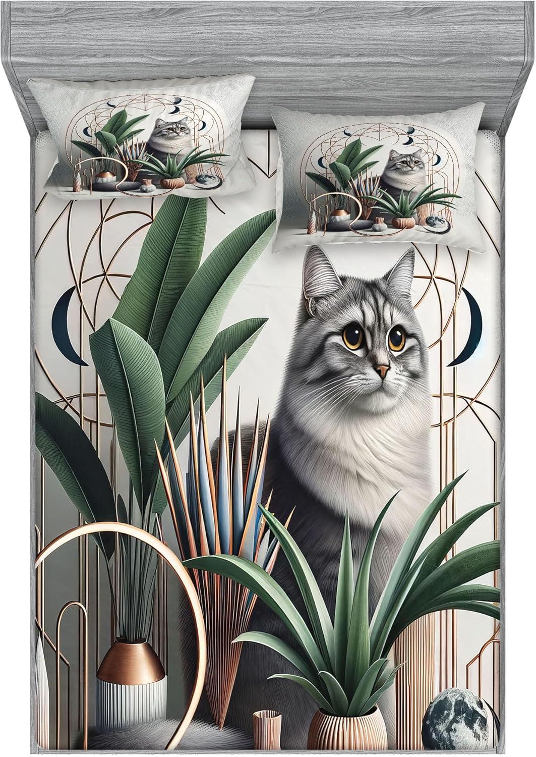 imageAmbesonne Cat Fitted Sheet amp Pillow Sham Set Romantic Date Night of Kitties Drinking Milkshake Cozy Night Scene Valentines Decorative Printed 3 Piece Bedding Decor Set Queen Dark Blue ApricotGrey Green Pale Rust