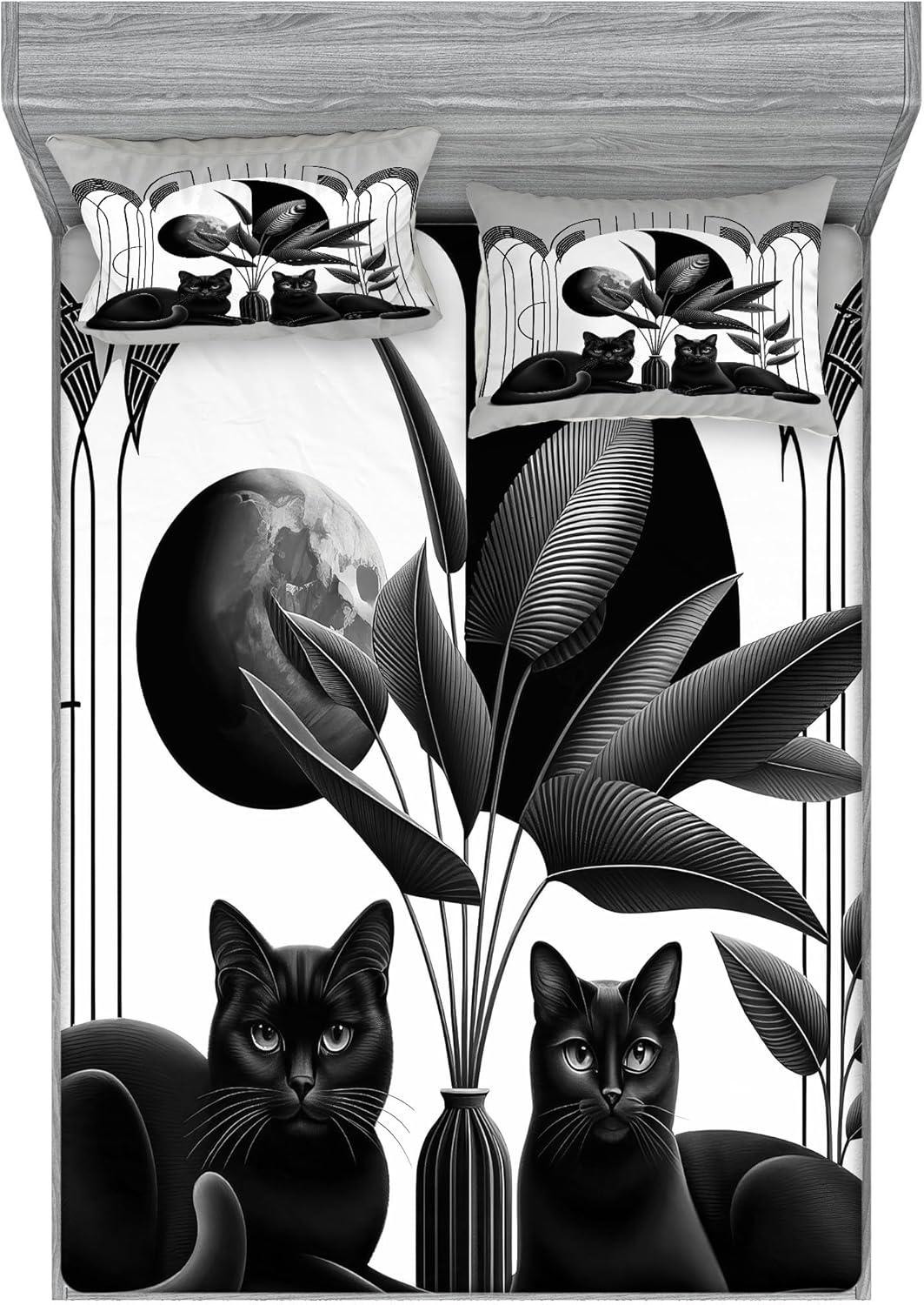 imageAmbesonne Cat Fitted Sheet amp Pillow Sham Set Romantic Date Night of Kitties Drinking Milkshake Cozy Night Scene Valentines Decorative Printed 3 Piece Bedding Decor Set Queen Dark Blue ApricotPale Grey Charcoal Grey