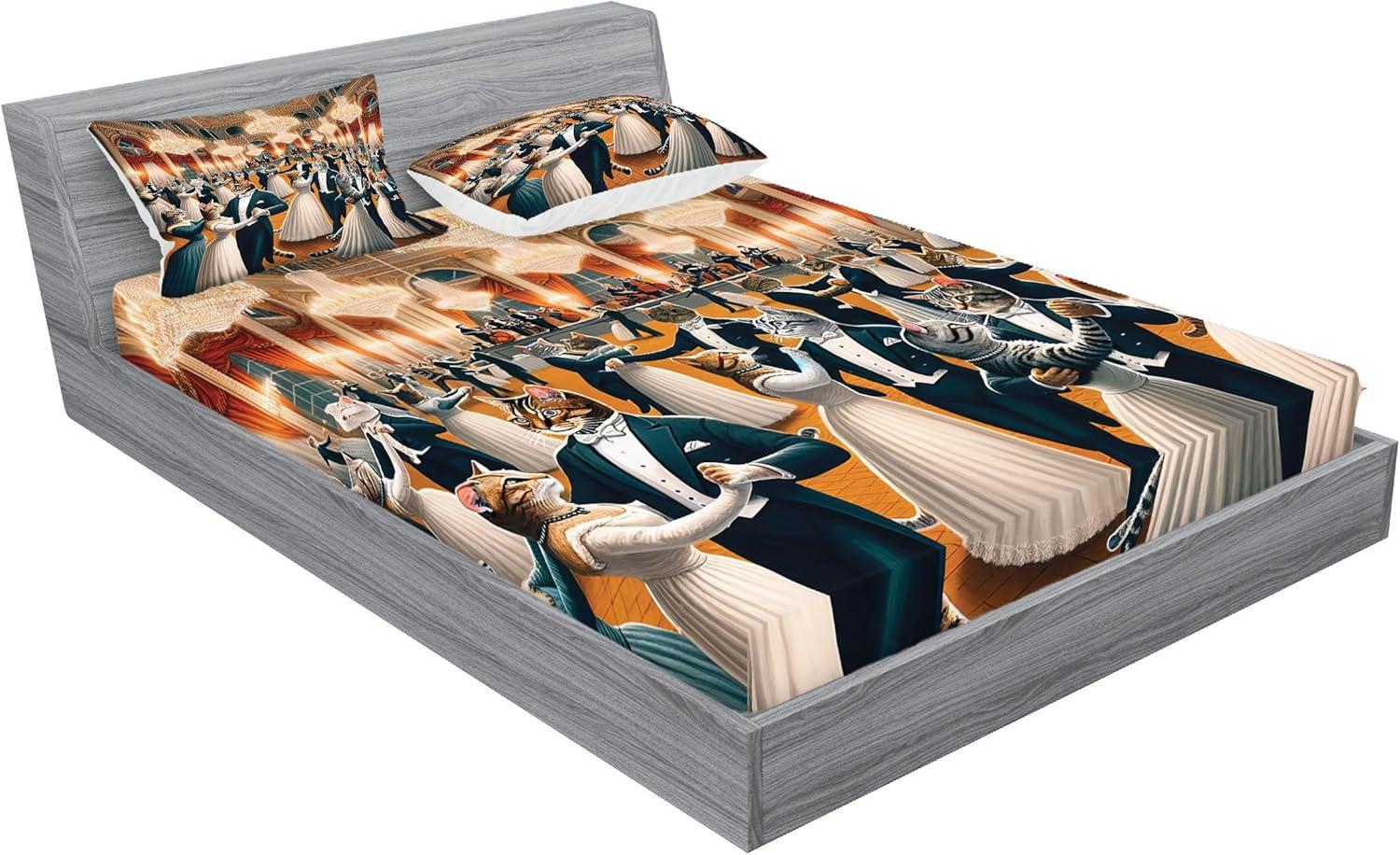 imageAmbesonne Cat Fitted Sheet amp Pillow Sham Set Romantic Date Night of Kitties Drinking Milkshake Cozy Night Scene Valentines Decorative Printed 3 Piece Bedding Decor Set Queen Dark Blue ApricotPetrol Blue and Orange