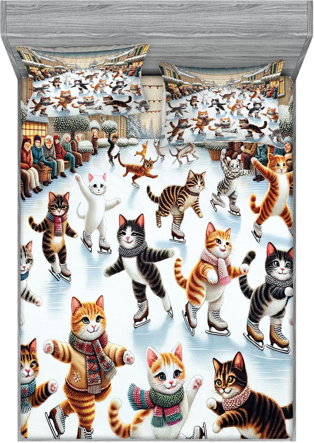 imageAmbesonne Cat Fitted Sheet amp Pillow Sham Set Romantic Date Night of Kitties Drinking Milkshake Cozy Night Scene Valentines Decorative Printed 3 Piece Bedding Decor Set Queen Dark Blue ApricotOrange Brown Pale Blue