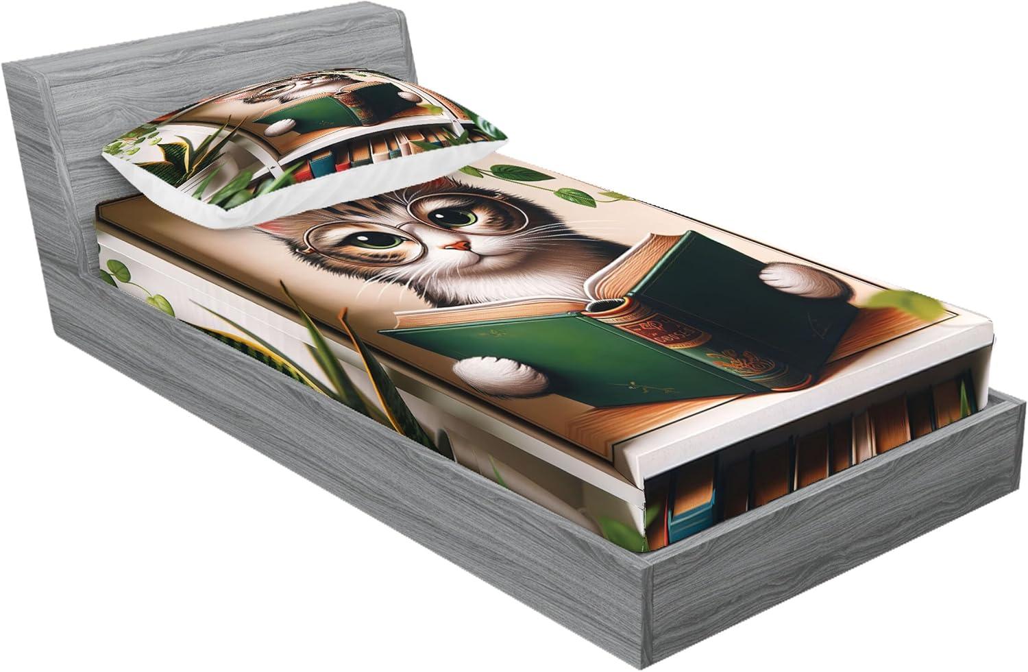 imageAmbesonne Cat Fitted Sheet amp Pillow Sham Set Romantic Date Night of Kitties Drinking Milkshake Cozy Night Scene Valentines Decorative Printed 3 Piece Bedding Decor Set Queen Dark Blue ApricotGreen Paprika Beige