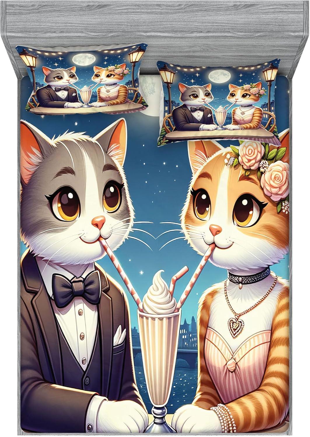 imageAmbesonne Cat Fitted Sheet amp Pillow Sham Set Romantic Date Night of Kitties Drinking Milkshake Cozy Night Scene Valentines Decorative Printed 3 Piece Bedding Decor Set Queen Dark Blue ApricotDark Blue Apricot