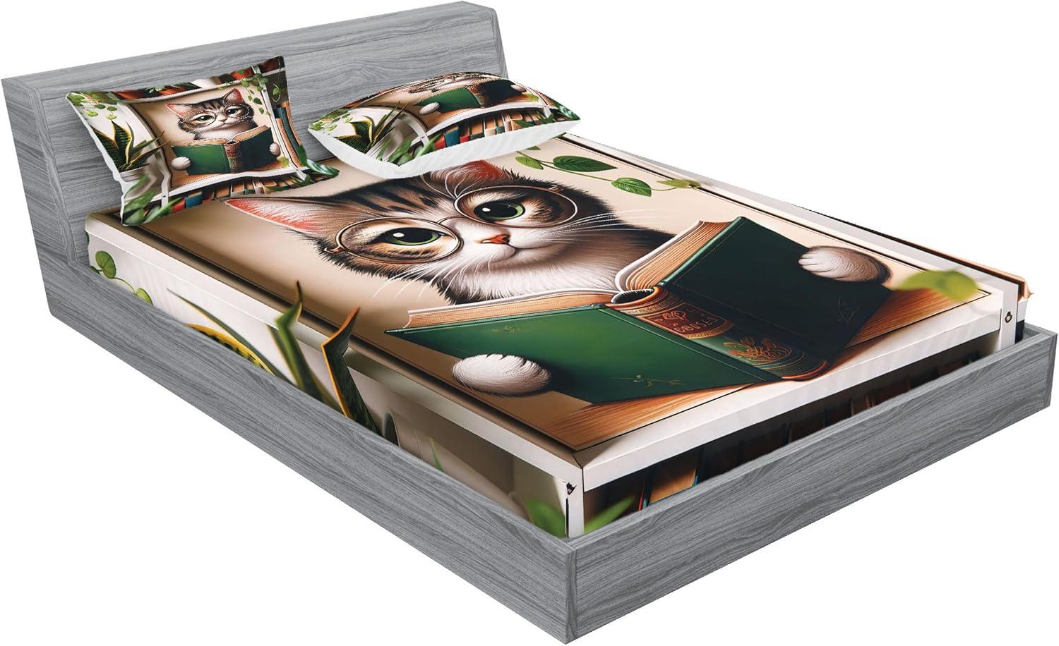 imageAmbesonne Cat Fitted Sheet amp Pillow Sham Set Romantic Date Night of Kitties Drinking Milkshake Cozy Night Scene Valentines Decorative Printed 3 Piece Bedding Decor Set Queen Dark Blue ApricotGreen Paprika Beige