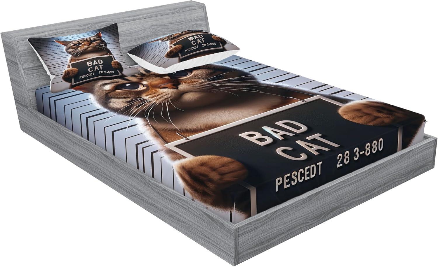 imageAmbesonne Cat Fitted Sheet amp Pillow Sham Set Romantic Date Night of Kitties Drinking Milkshake Cozy Night Scene Valentines Decorative Printed 3 Piece Bedding Decor Set Queen Dark Blue ApricotUmber and Pale Blue Grey