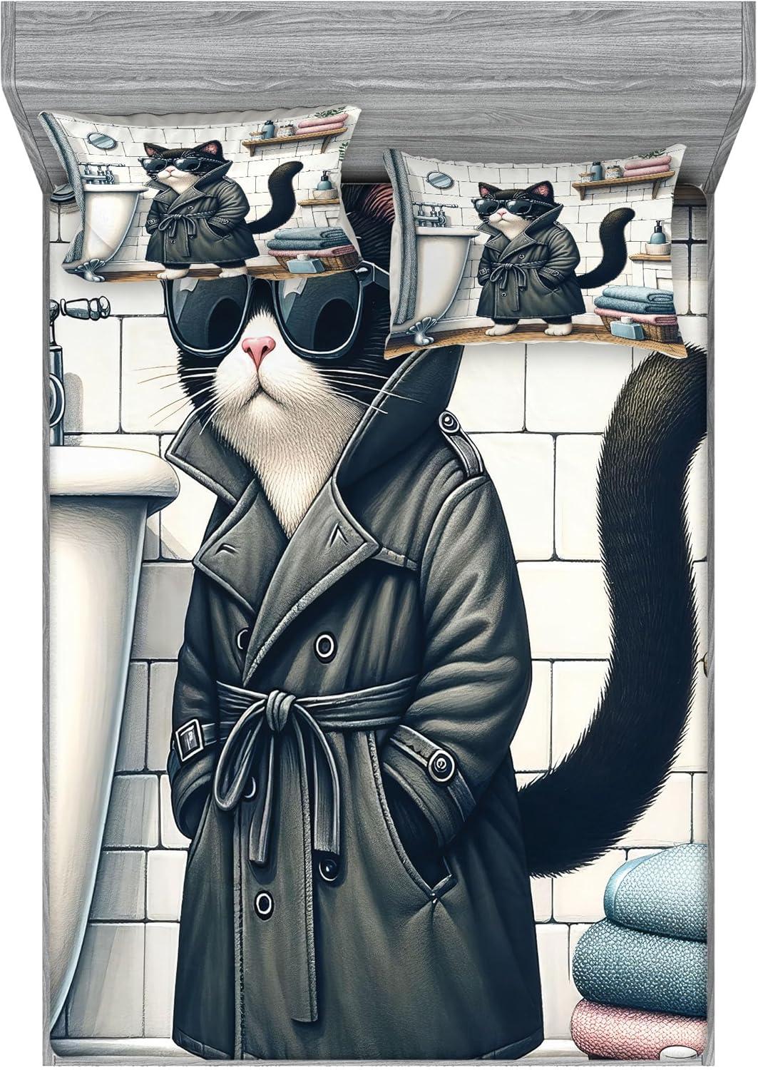 imageAmbesonne Cat Fitted Sheet amp Pillow Sham Set Romantic Date Night of Kitties Drinking Milkshake Cozy Night Scene Valentines Decorative Printed 3 Piece Bedding Decor Set Queen Dark Blue ApricotCharcoal Grey White