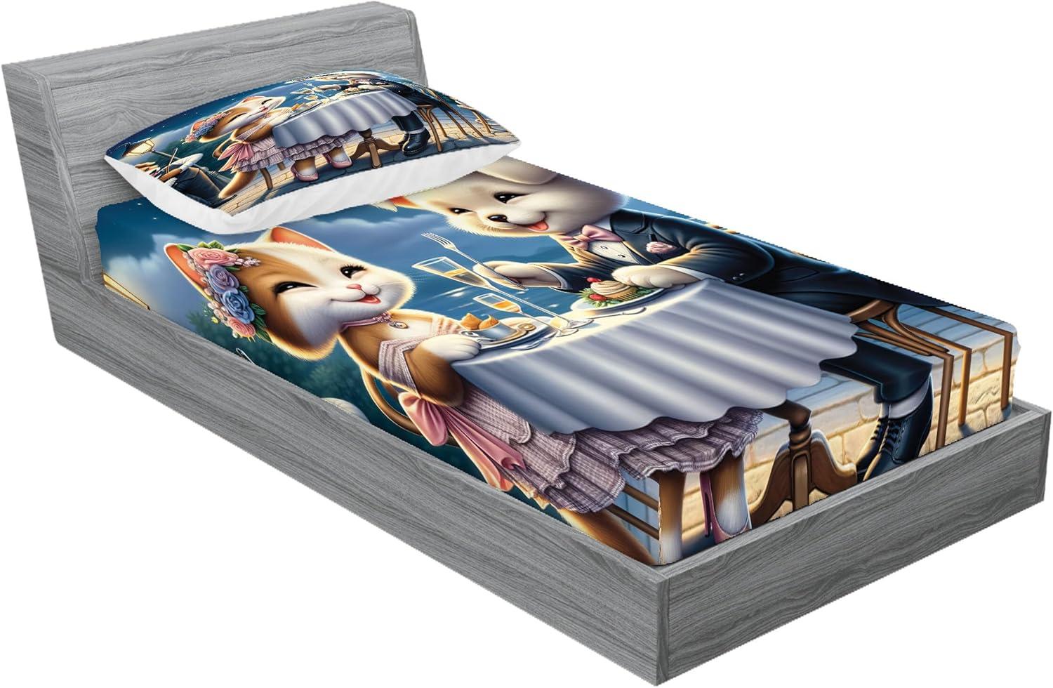 imageAmbesonne Cat Fitted Sheet amp Pillow Sham Set Romantic Date Night of Kitties Drinking Milkshake Cozy Night Scene Valentines Decorative Printed 3 Piece Bedding Decor Set Queen Dark Blue ApricotNight Blue Rose Apricot