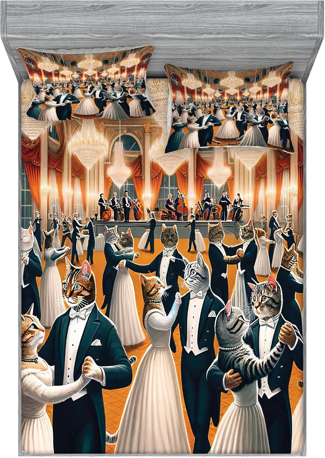 imageAmbesonne Cat Fitted Sheet amp Pillow Sham Set Romantic Date Night of Kitties Drinking Milkshake Cozy Night Scene Valentines Decorative Printed 3 Piece Bedding Decor Set Queen Dark Blue ApricotPetrol Blue and Orange