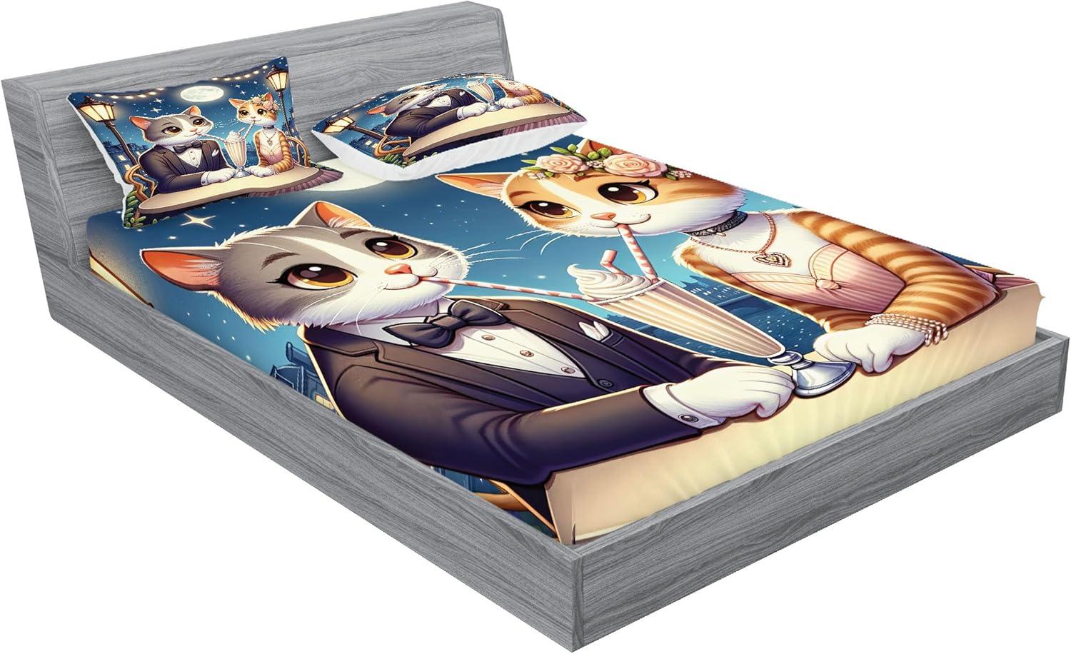 imageAmbesonne Cat Fitted Sheet amp Pillow Sham Set Romantic Date Night of Kitties Drinking Milkshake Cozy Night Scene Valentines Decorative Printed 3 Piece Bedding Decor Set Queen Dark Blue ApricotDark Blue Apricot