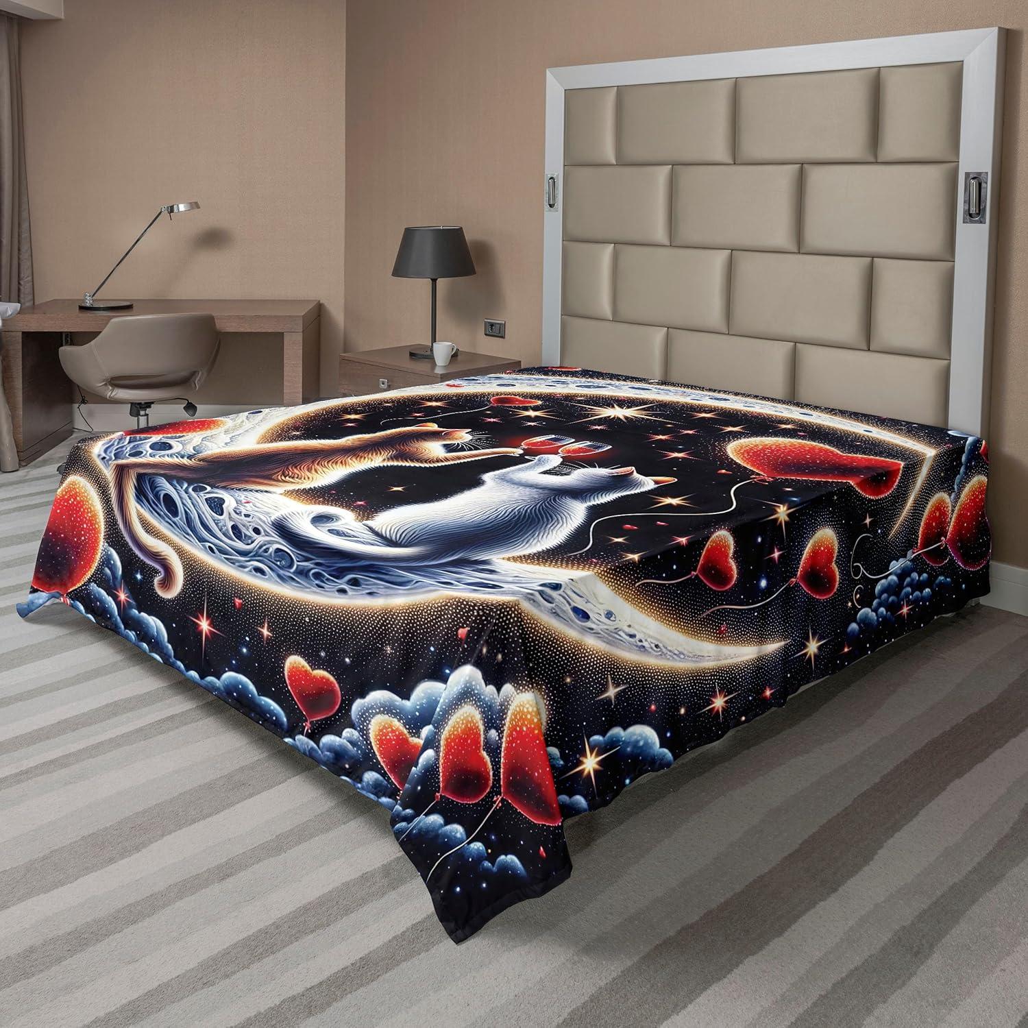 imageAmbesonne Cat Flat Sheet Romantic Date Night of Kitties Drinking Milkshake Cozy Night Scene Valentines Soft and Comfortable Top Sheet Decorative Bedding 1 Piece Full Size Dark Blue ApricotIndigo and Scarlet