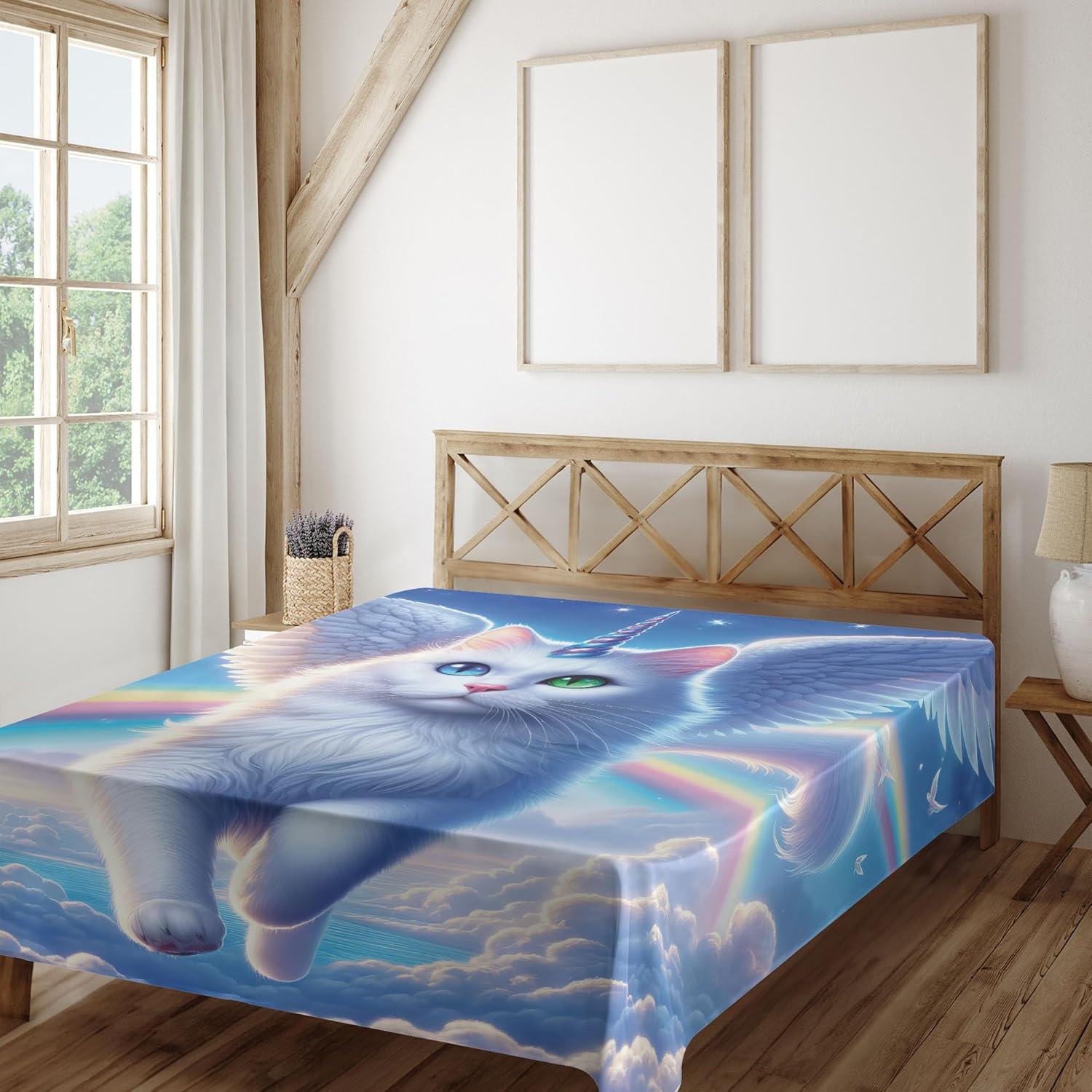 imageAmbesonne Cat Flat Sheet Romantic Date Night of Kitties Drinking Milkshake Cozy Night Scene Valentines Soft and Comfortable Top Sheet Decorative Bedding 1 Piece Full Size Dark Blue ApricotAzure Blue Pale Pink