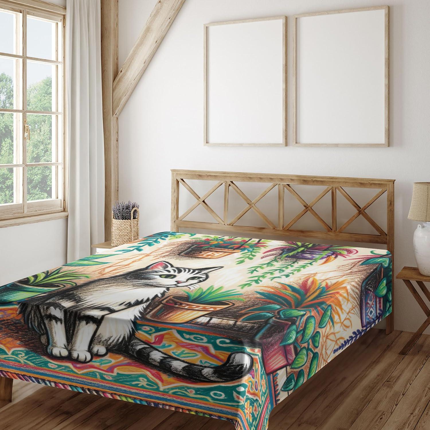 imageAmbesonne Cat Flat Sheet Romantic Date Night of Kitties Drinking Milkshake Cozy Night Scene Valentines Soft and Comfortable Top Sheet Decorative Bedding 1 Piece Full Size Dark Blue ApricotJade Green Grey Orange