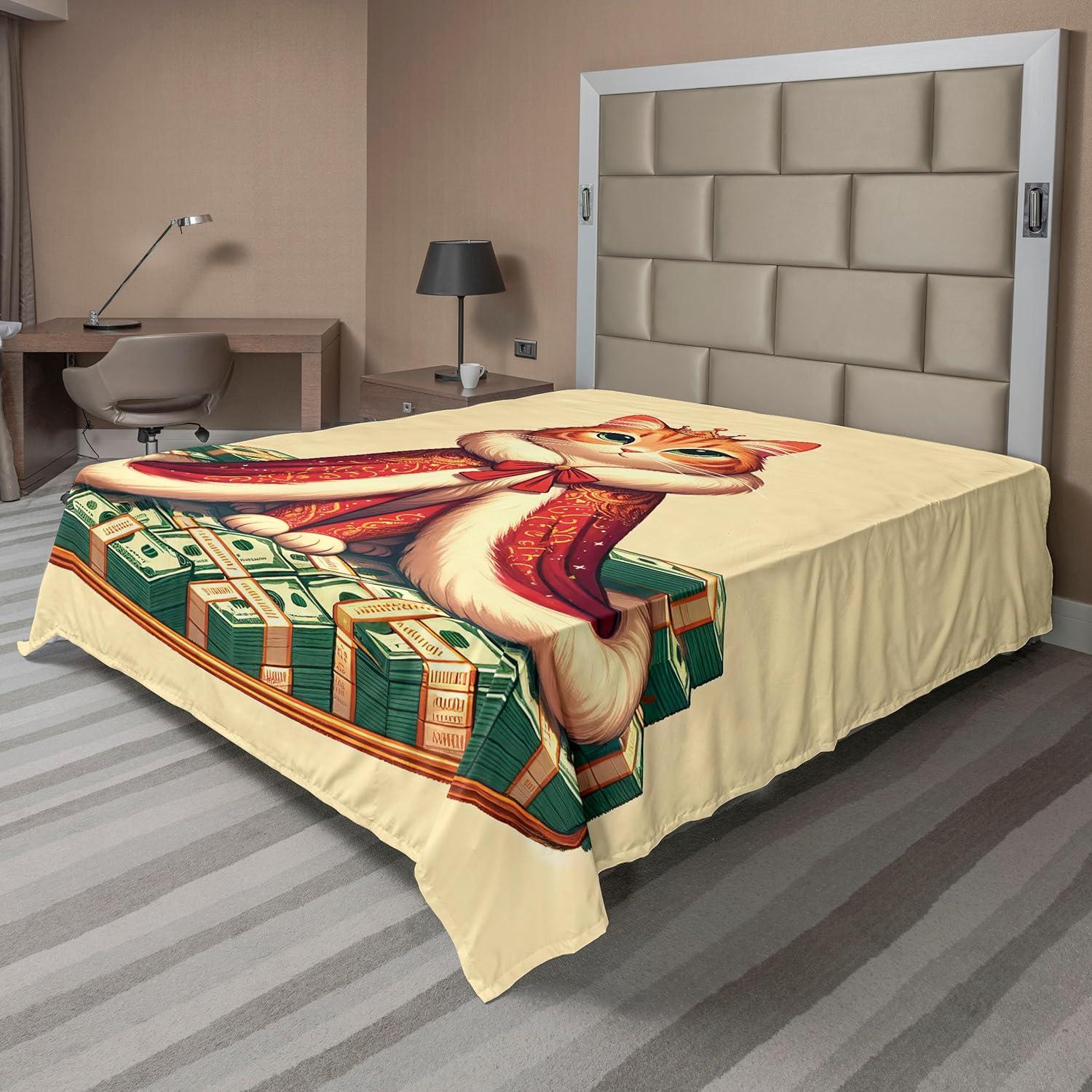 imageAmbesonne Cat Flat Sheet Romantic Date Night of Kitties Drinking Milkshake Cozy Night Scene Valentines Soft and Comfortable Top Sheet Decorative Bedding 1 Piece Full Size Dark Blue ApricotCream Hunter Green and Orange