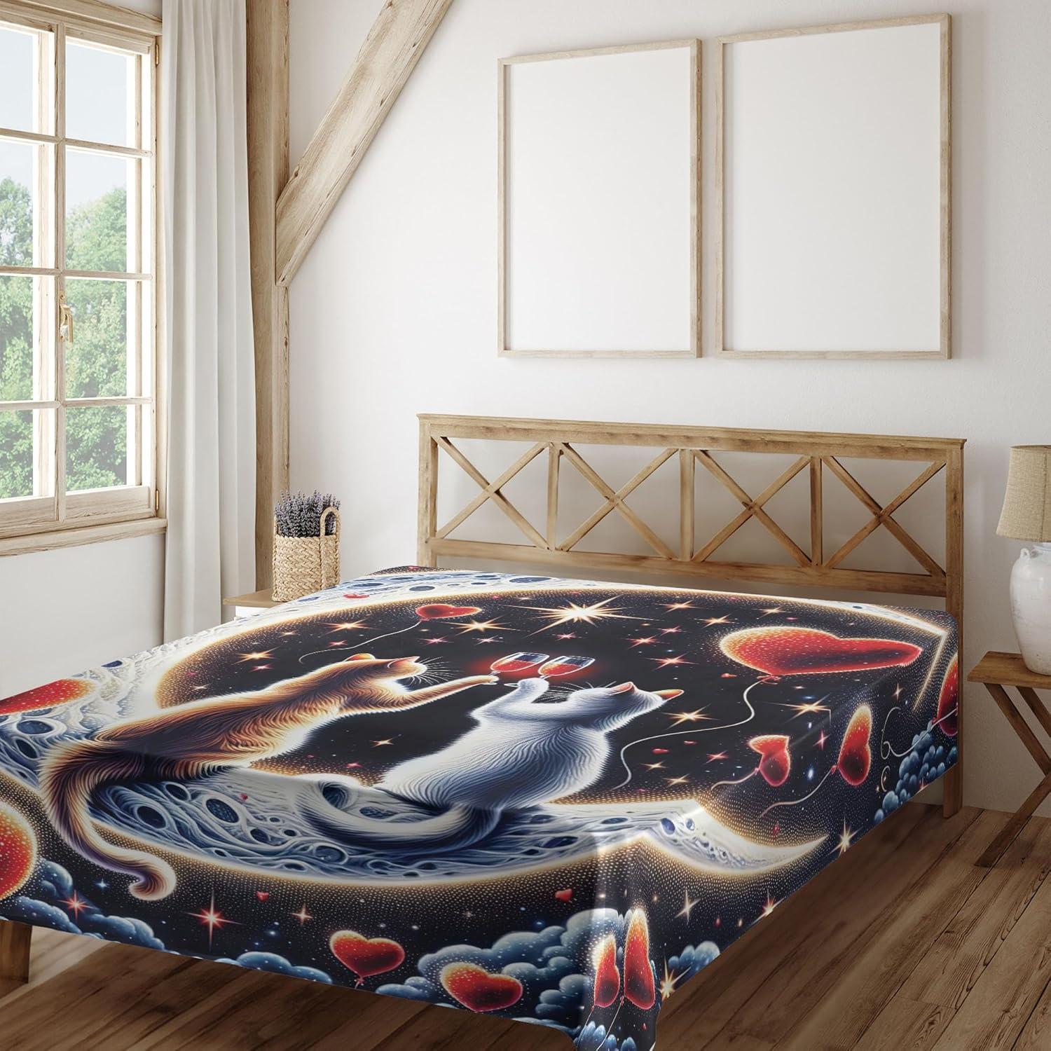 imageAmbesonne Cat Flat Sheet Romantic Date Night of Kitties Drinking Milkshake Cozy Night Scene Valentines Soft and Comfortable Top Sheet Decorative Bedding 1 Piece Full Size Dark Blue ApricotIndigo and Scarlet