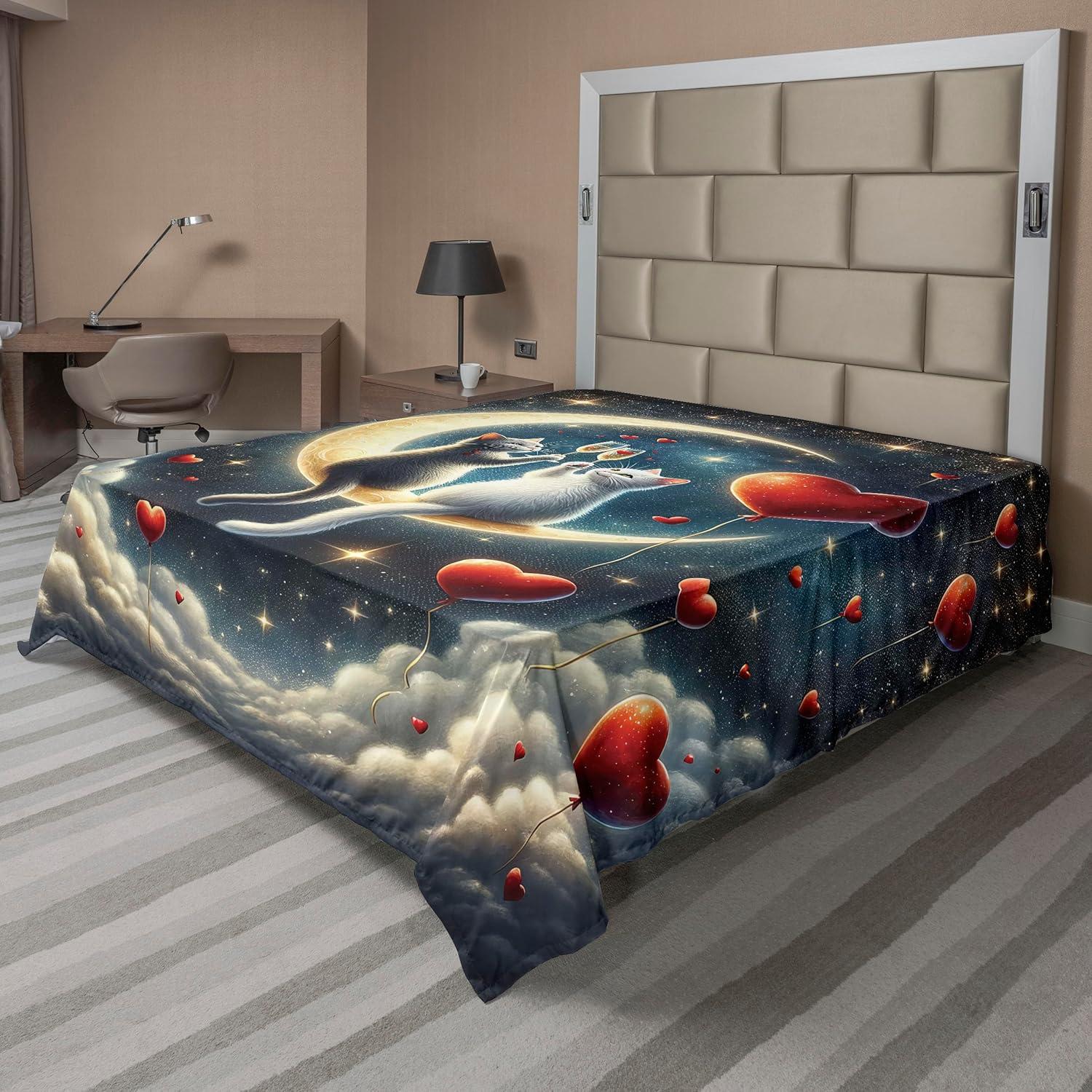 imageAmbesonne Cat Flat Sheet Romantic Date Night of Kitties Drinking Milkshake Cozy Night Scene Valentines Soft and Comfortable Top Sheet Decorative Bedding 1 Piece Full Size Dark Blue ApricotDark Night Blue Vermilion