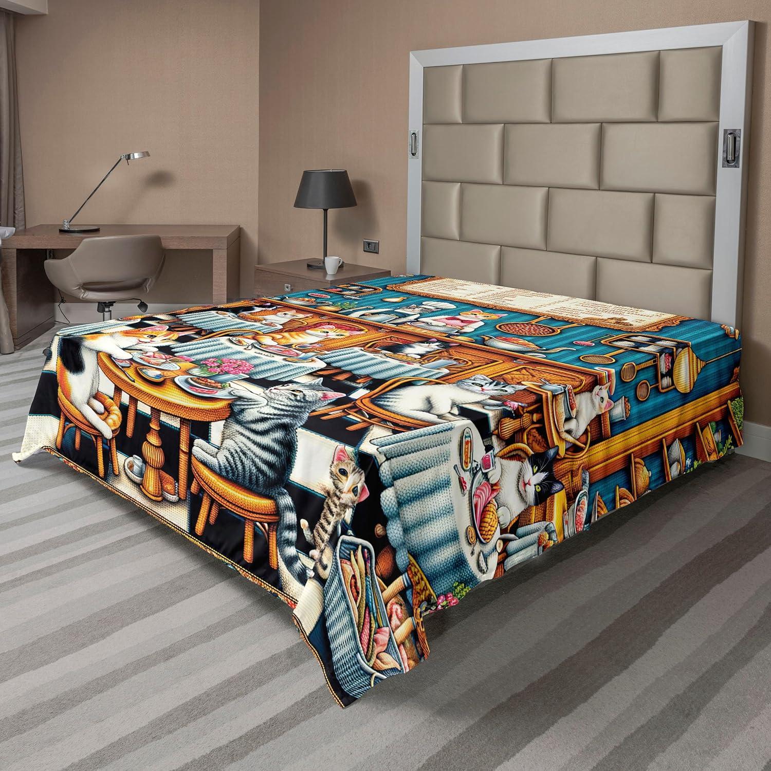imageAmbesonne Cat Flat Sheet Romantic Date Night of Kitties Drinking Milkshake Cozy Night Scene Valentines Soft and Comfortable Top Sheet Decorative Bedding 1 Piece Full Size Dark Blue ApricotSea Blue and Marigold
