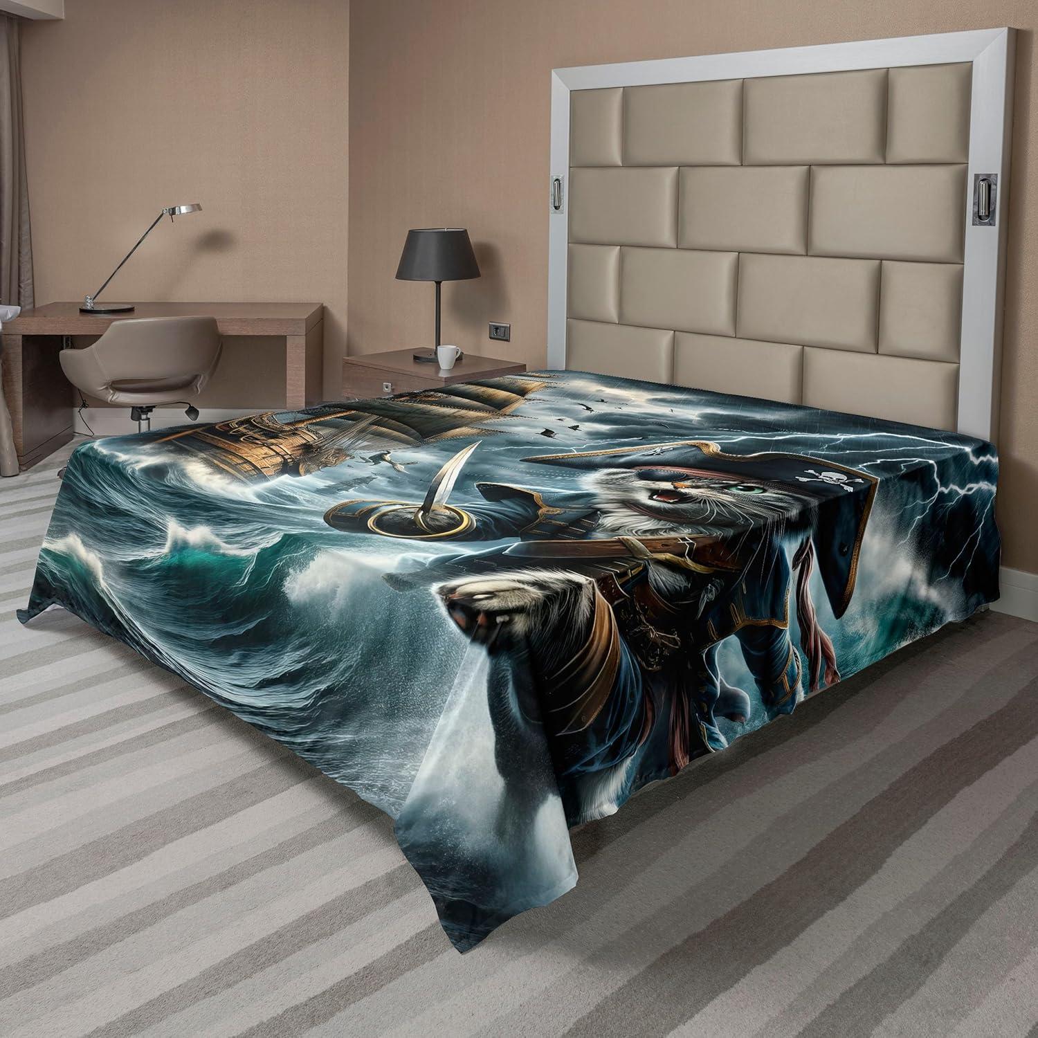 imageAmbesonne Cat Flat Sheet Romantic Date Night of Kitties Drinking Milkshake Cozy Night Scene Valentines Soft and Comfortable Top Sheet Decorative Bedding 1 Piece Full Size Dark Blue ApricotDark Slate Blue and Amber