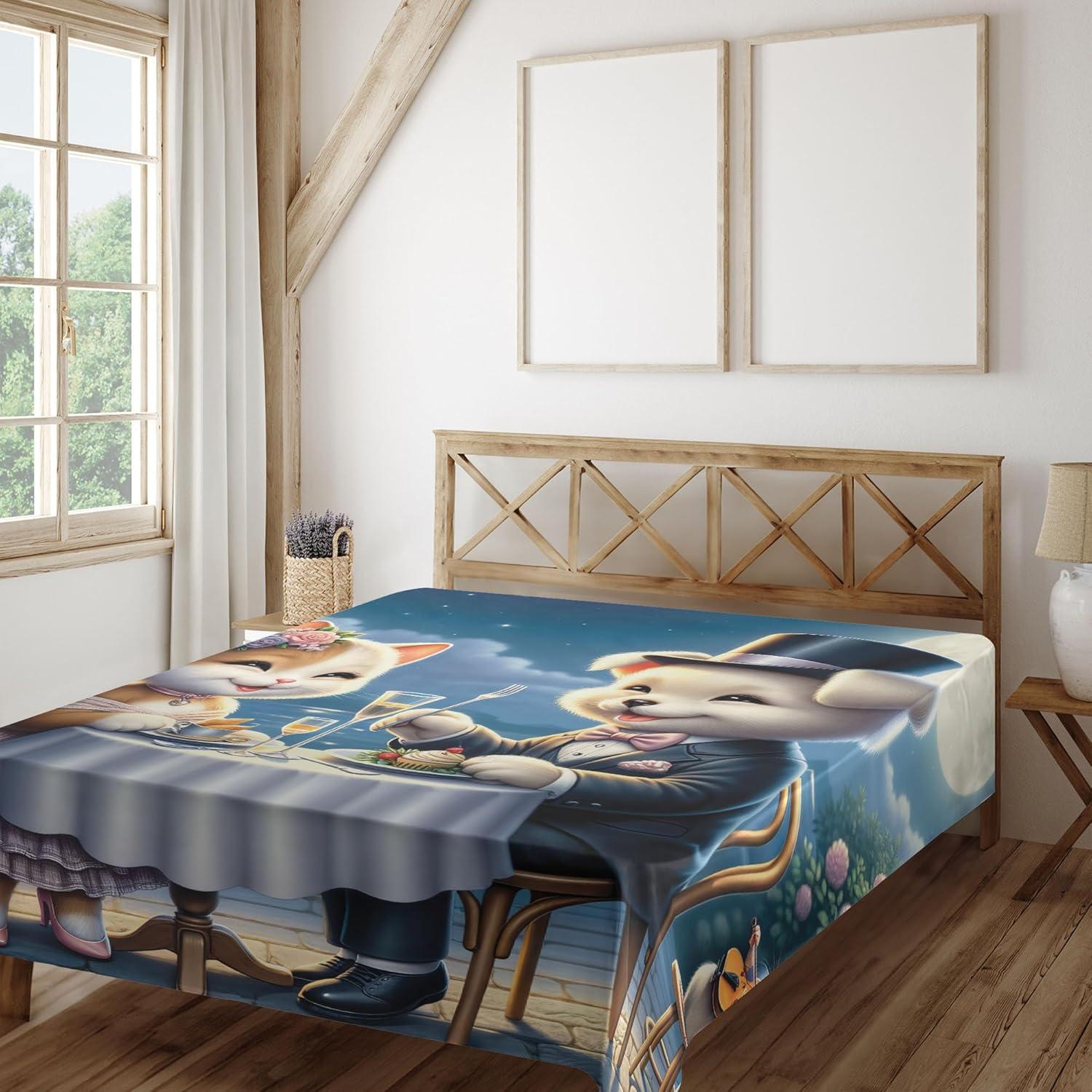 imageAmbesonne Cat Flat Sheet Romantic Date Night of Kitties Drinking Milkshake Cozy Night Scene Valentines Soft and Comfortable Top Sheet Decorative Bedding 1 Piece Full Size Dark Blue ApricotNight Blue Rose Apricot