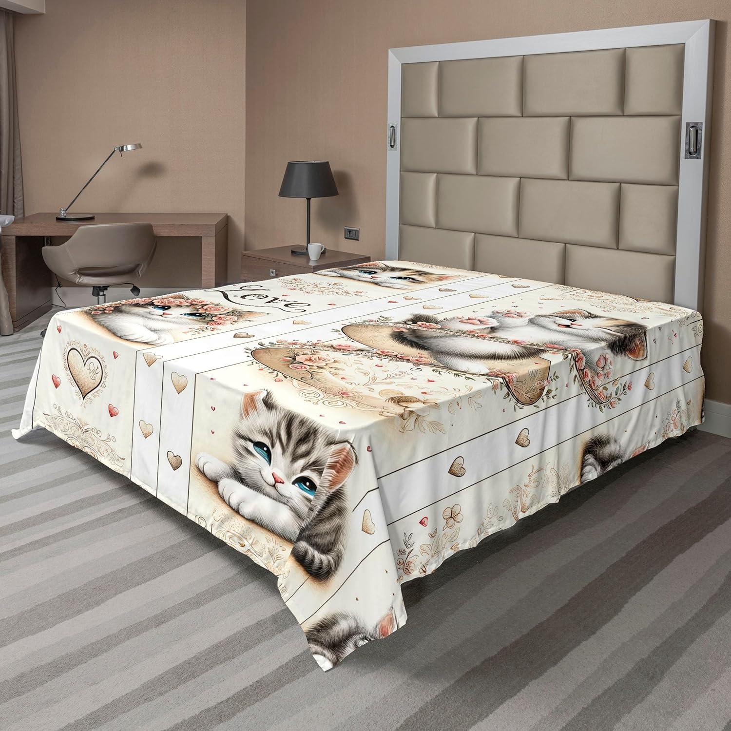 imageAmbesonne Cat Flat Sheet Romantic Date Night of Kitties Drinking Milkshake Cozy Night Scene Valentines Soft and Comfortable Top Sheet Decorative Bedding 1 Piece Full Size Dark Blue ApricotIvory Pale Brown Grey