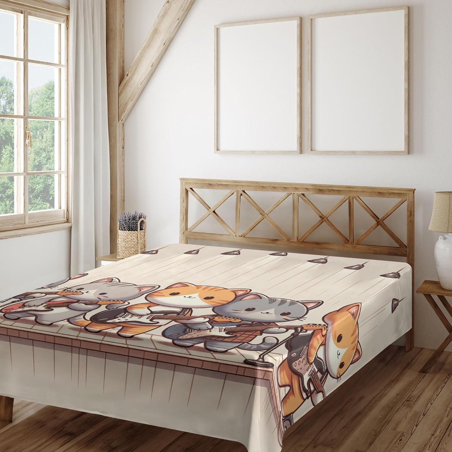 imageAmbesonne Cat Flat Sheet Romantic Date Night of Kitties Drinking Milkshake Cozy Night Scene Valentines Soft and Comfortable Top Sheet Decorative Bedding 1 Piece Full Size Dark Blue ApricotGrey Orange and Pale Tan