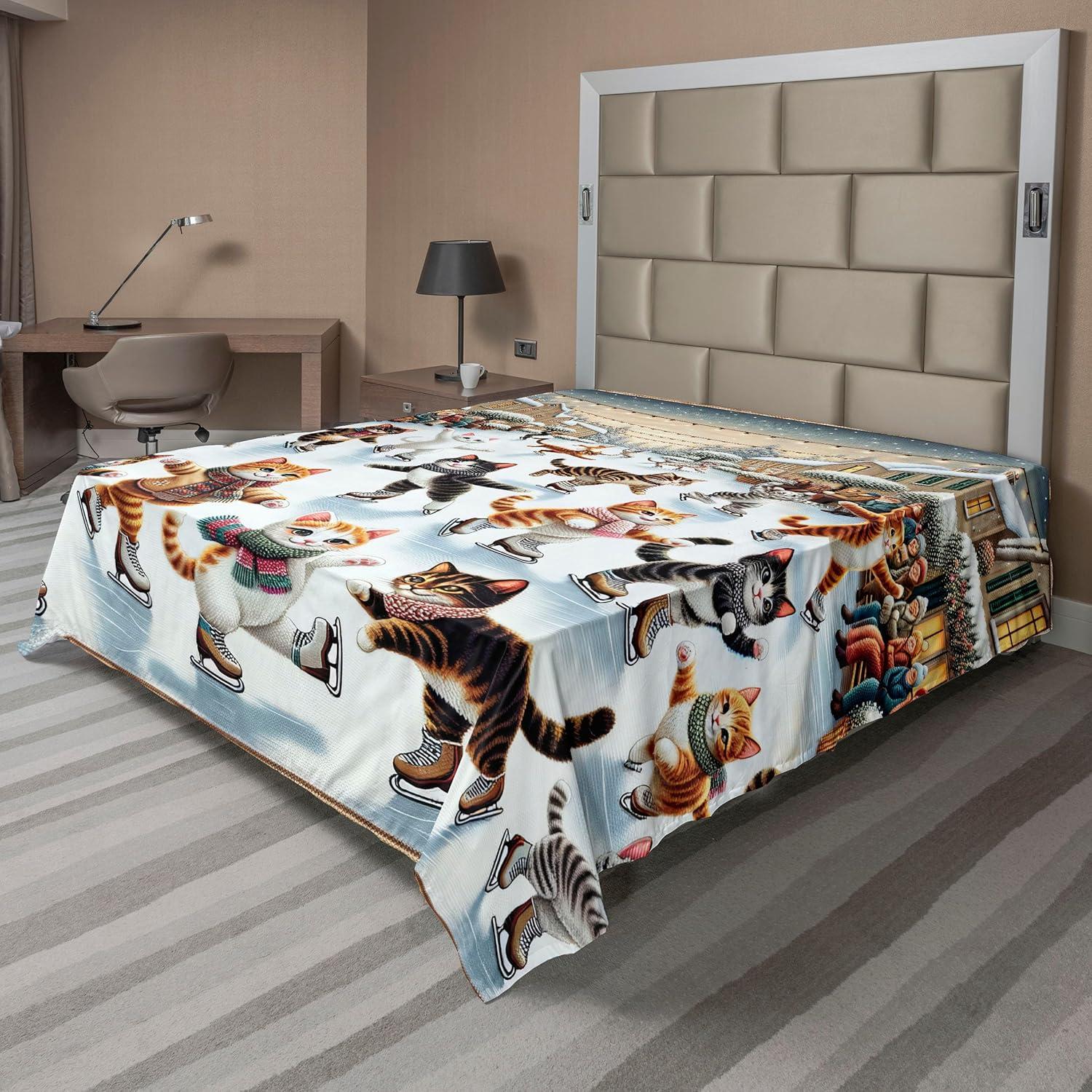 imageAmbesonne Cat Flat Sheet Romantic Date Night of Kitties Drinking Milkshake Cozy Night Scene Valentines Soft and Comfortable Top Sheet Decorative Bedding 1 Piece Full Size Dark Blue ApricotOrange Brown Pale Blue
