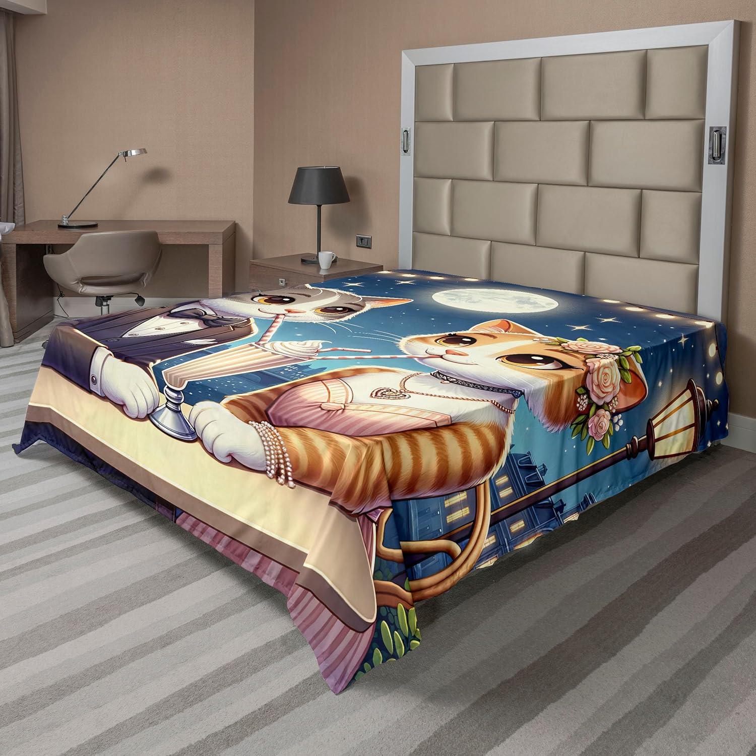 imageAmbesonne Cat Flat Sheet Romantic Date Night of Kitties Drinking Milkshake Cozy Night Scene Valentines Soft and Comfortable Top Sheet Decorative Bedding 1 Piece Full Size Dark Blue ApricotDark Blue Apricot